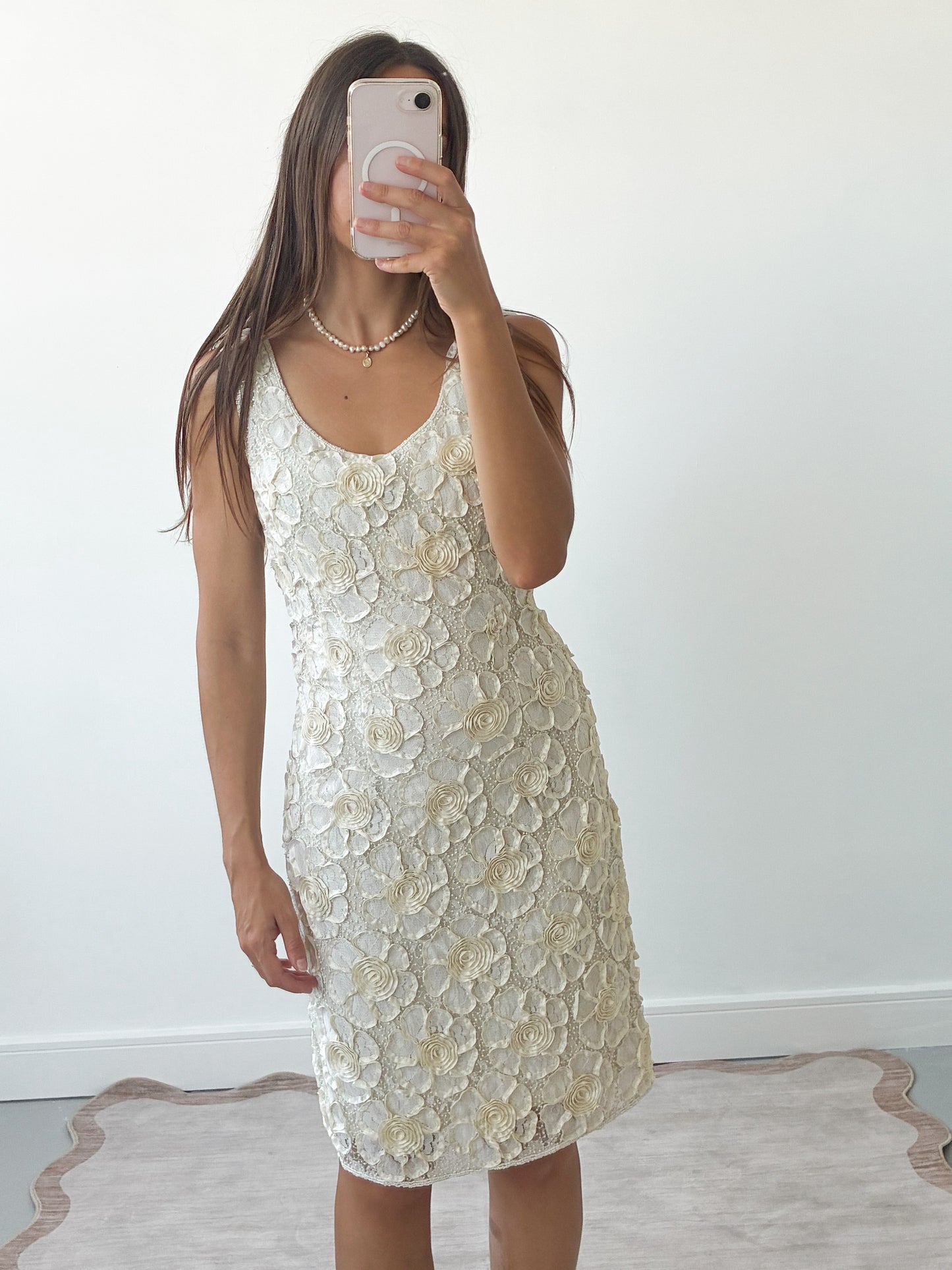 1980s Silk And Pearl Embroidered 3D Flower Mini Dress S M