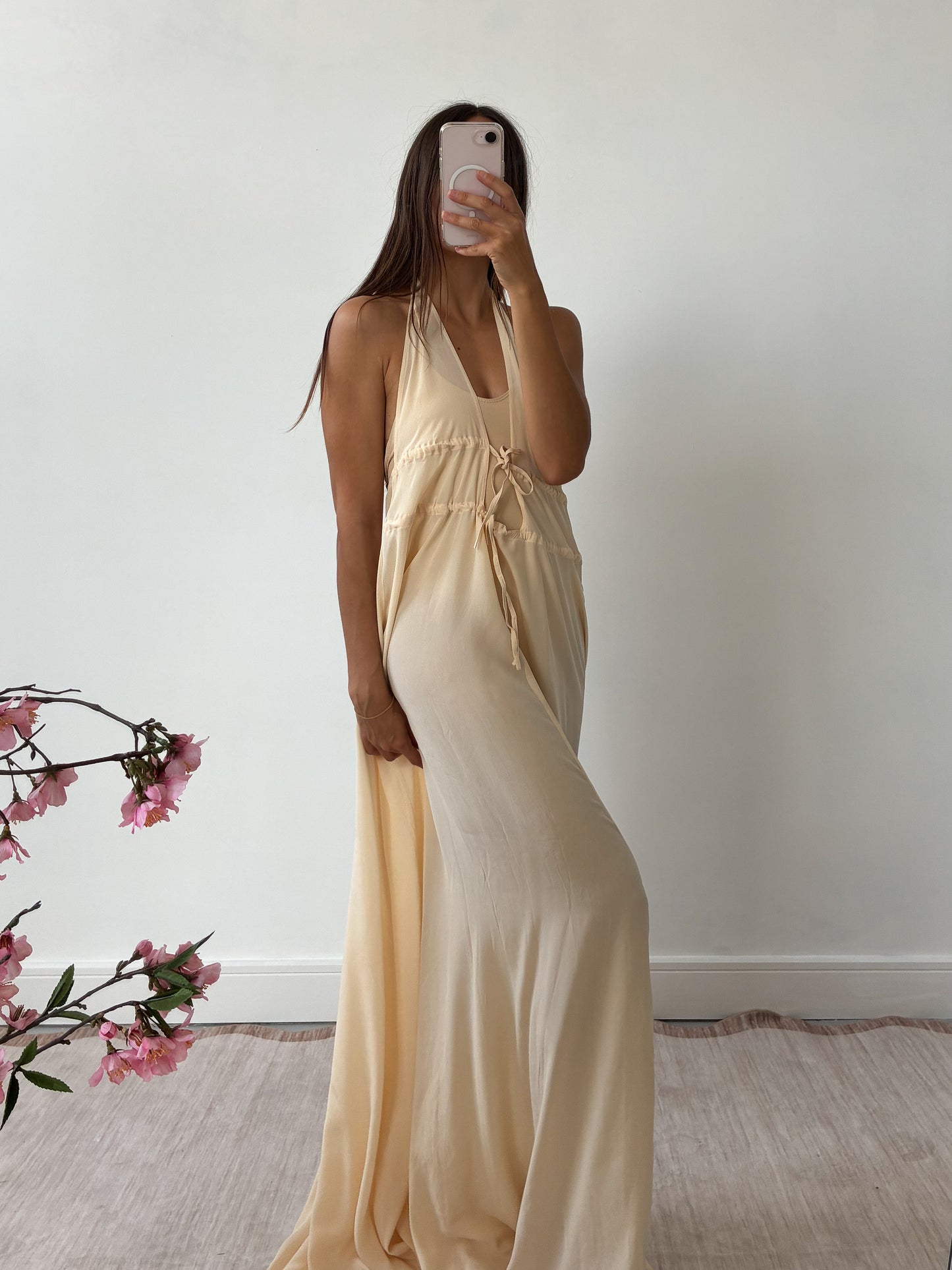 1990s Yellow Silk Halterneck Gown L XL