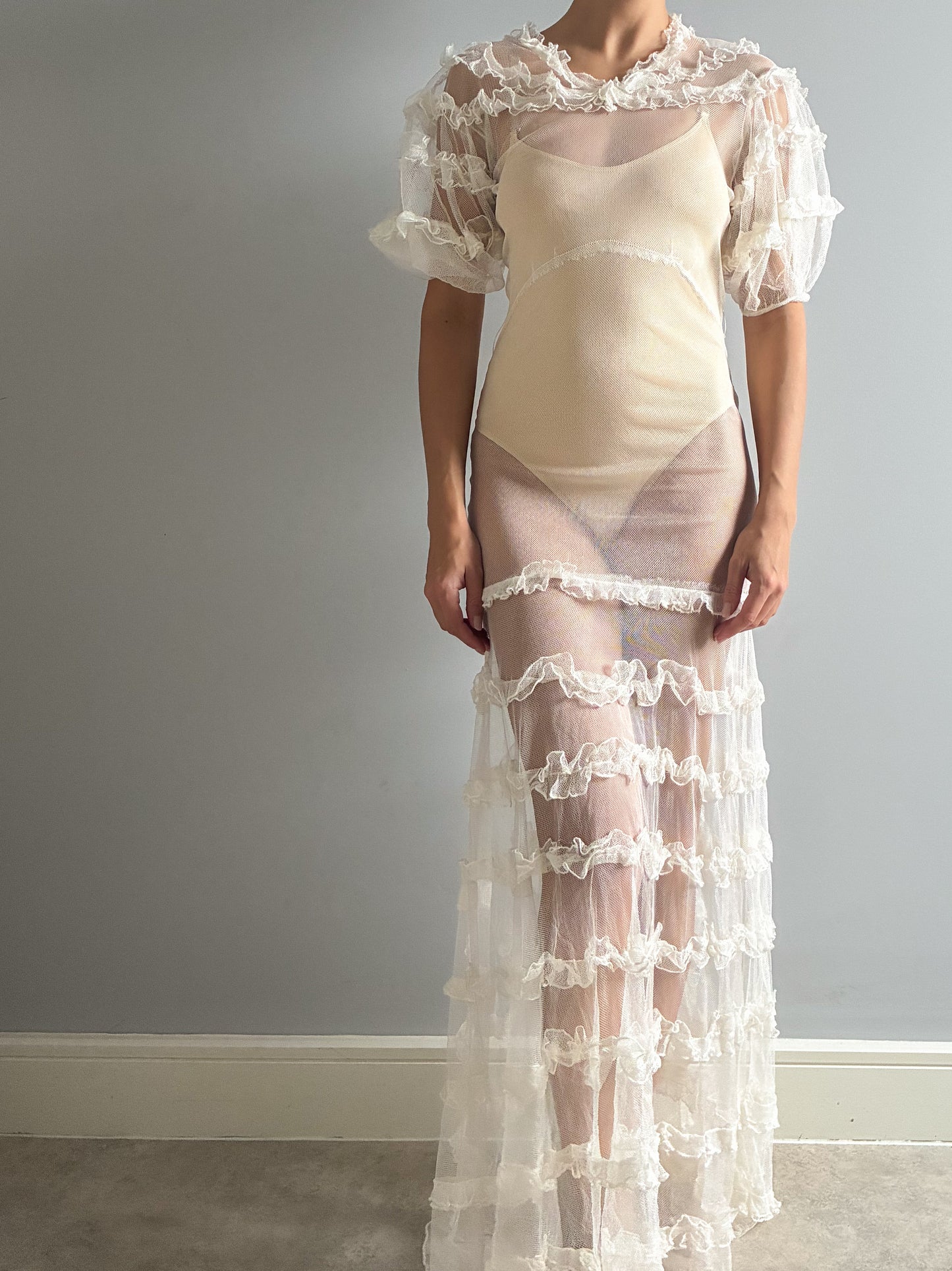 1930s Tiered Ruffled Net Dress With Puff Sleeves