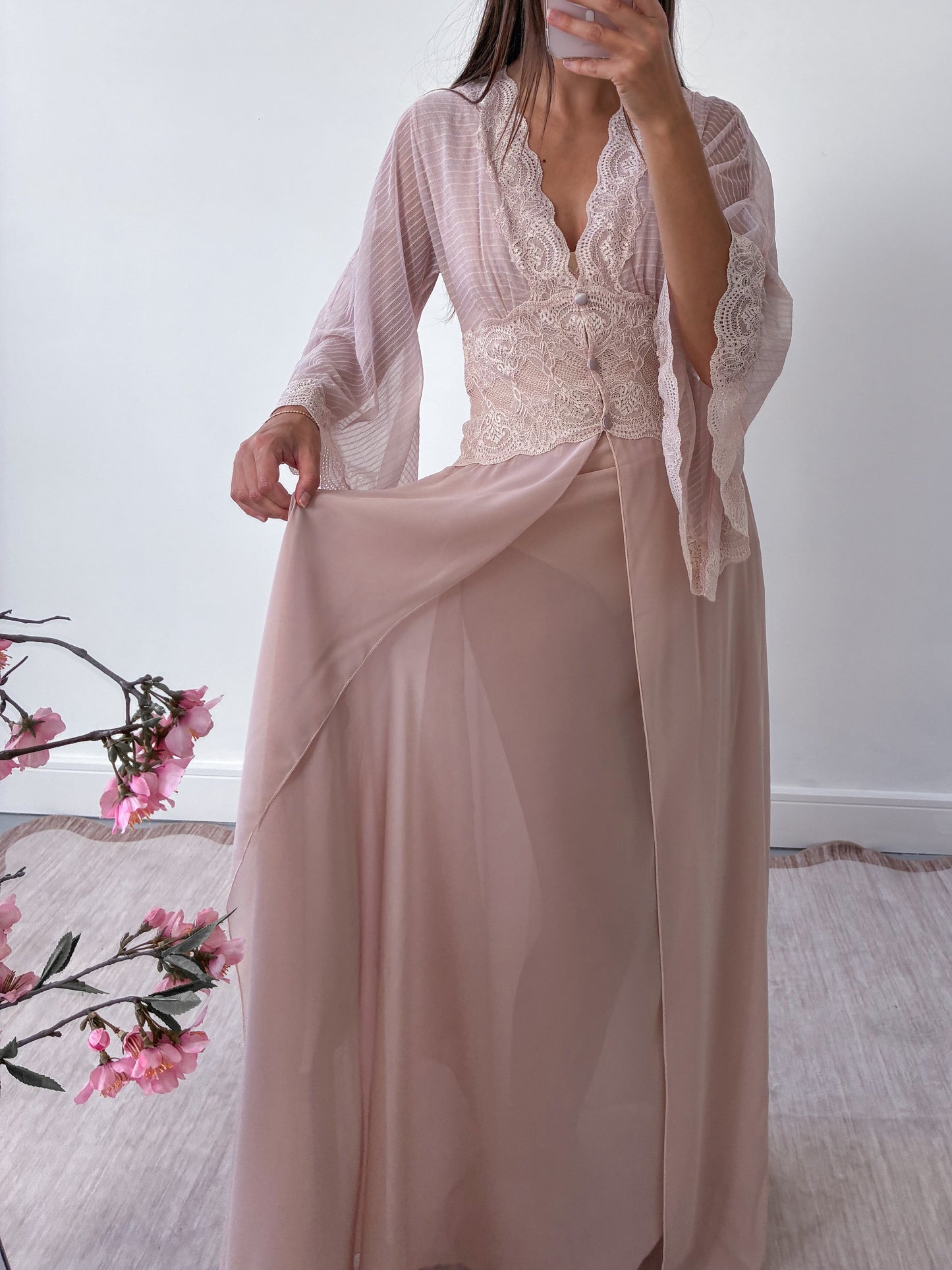 1970s Powder Pink Lingerie Set With Lace Trim