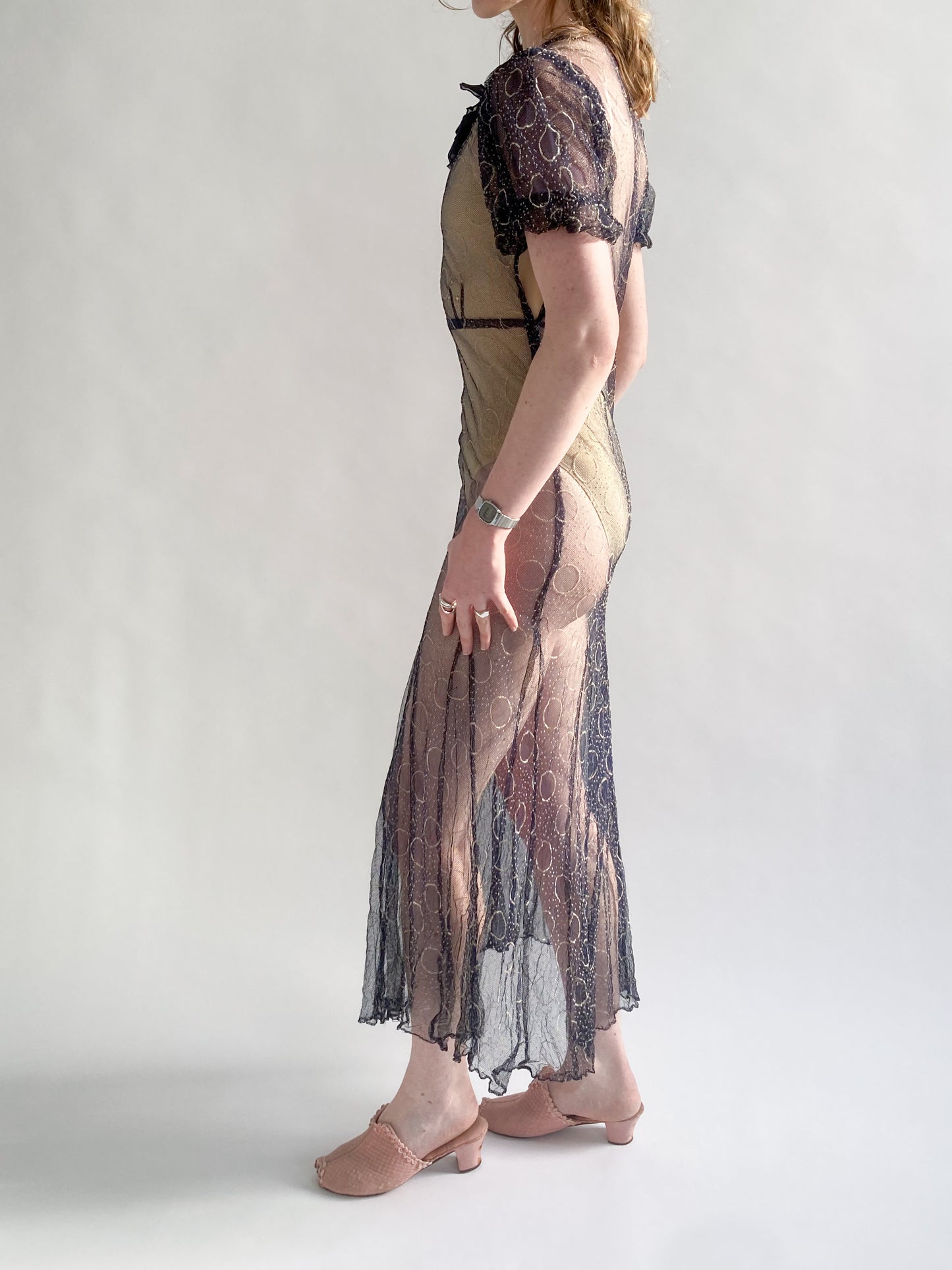 1930s Puff Sleeve Net Dress In Midnight Blue