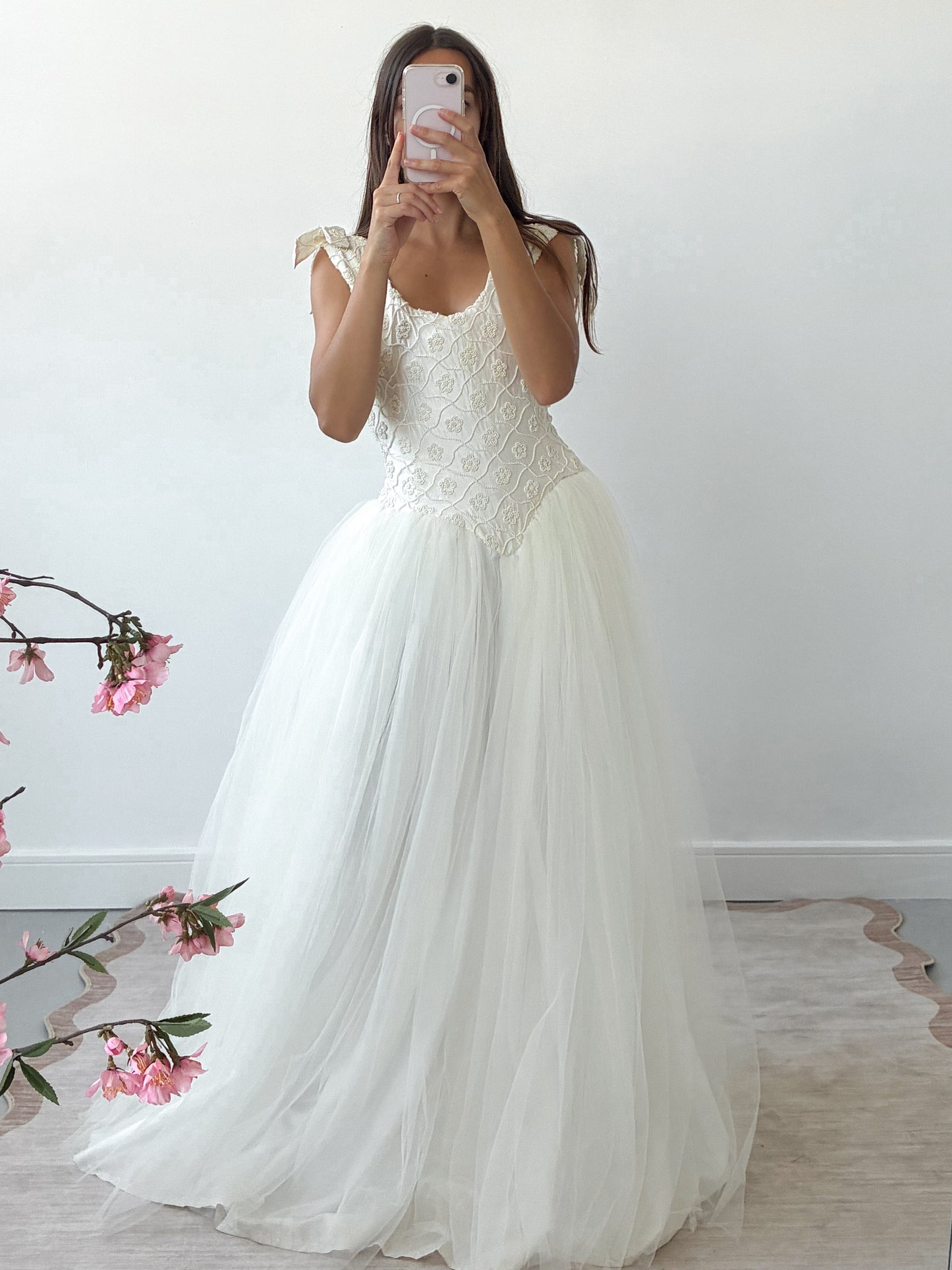 1990s Tulle Gown With Silk & Pearl Embroidered Corset And Bow Detail