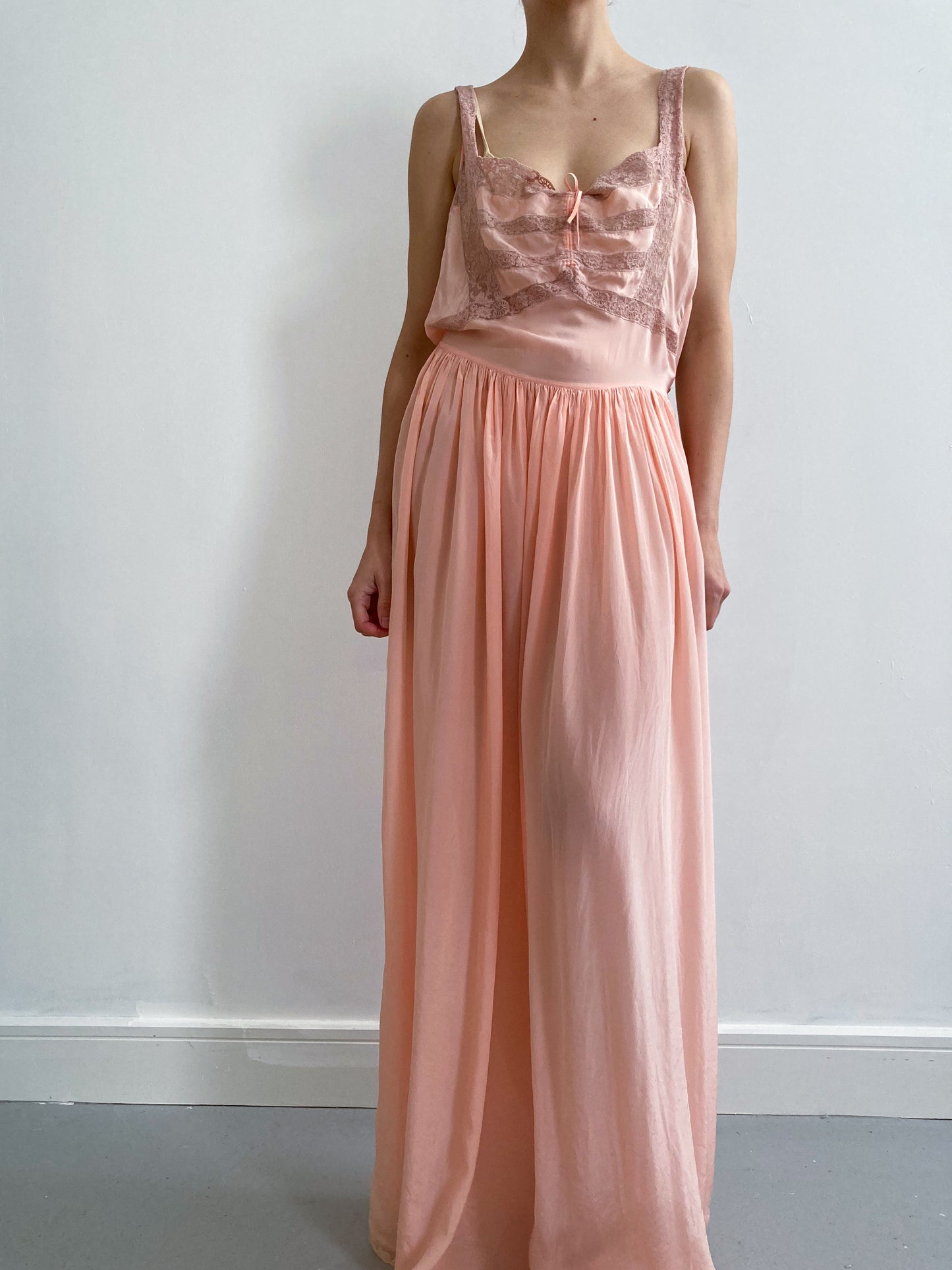 1930s Silk Chiffon Pink Slip Gown with Pink Lace M/L