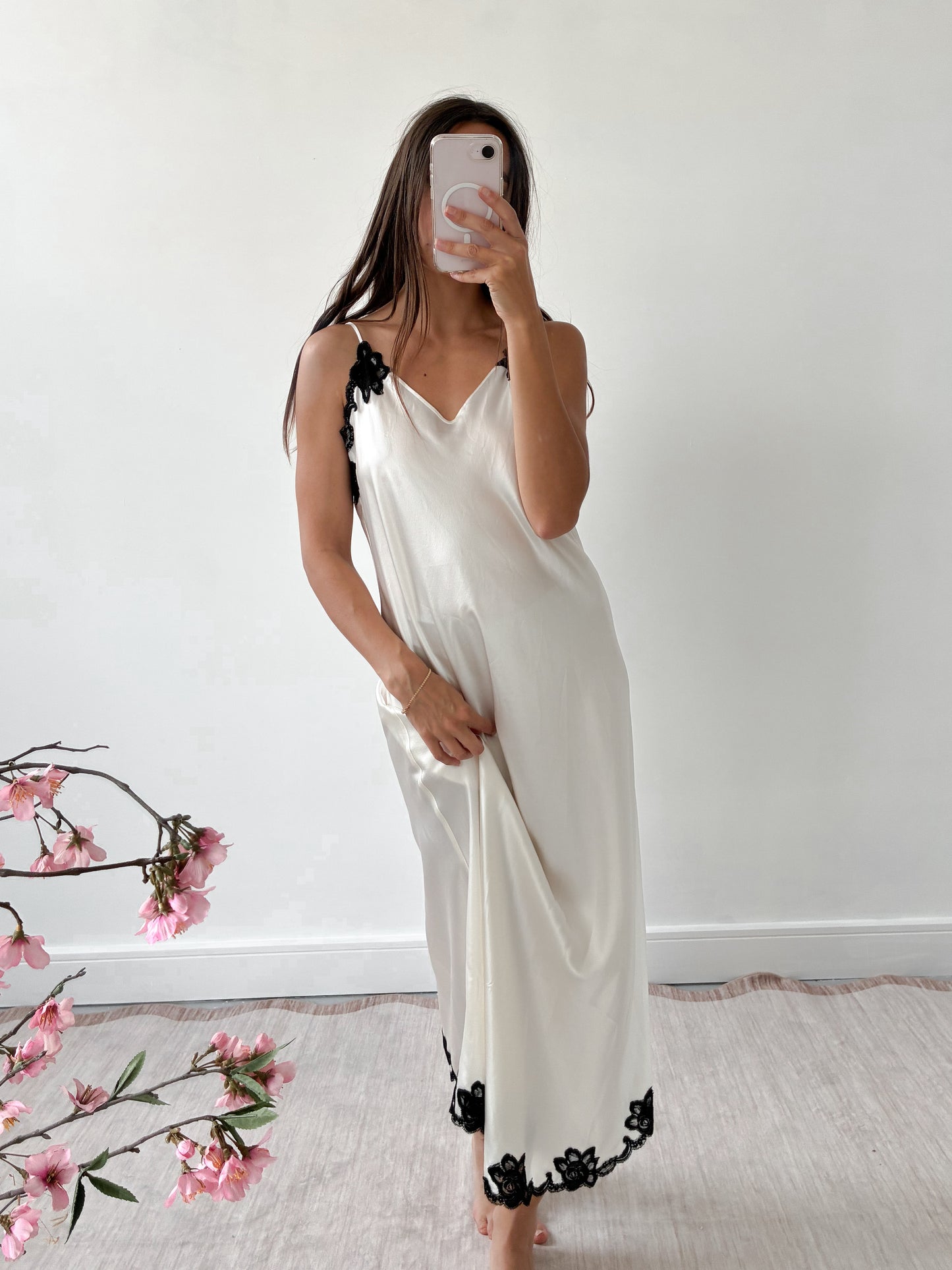 1990s Silk Slip Gown With Cross Back And Black Lace