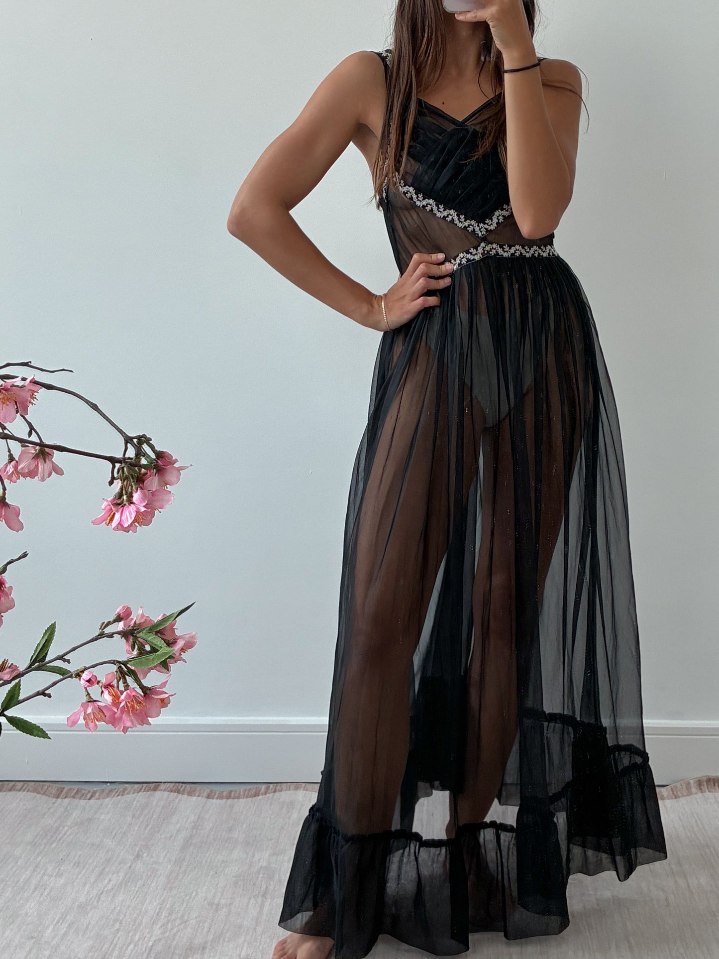 1950s Black Sheer Nightdress With Floral Embroidery