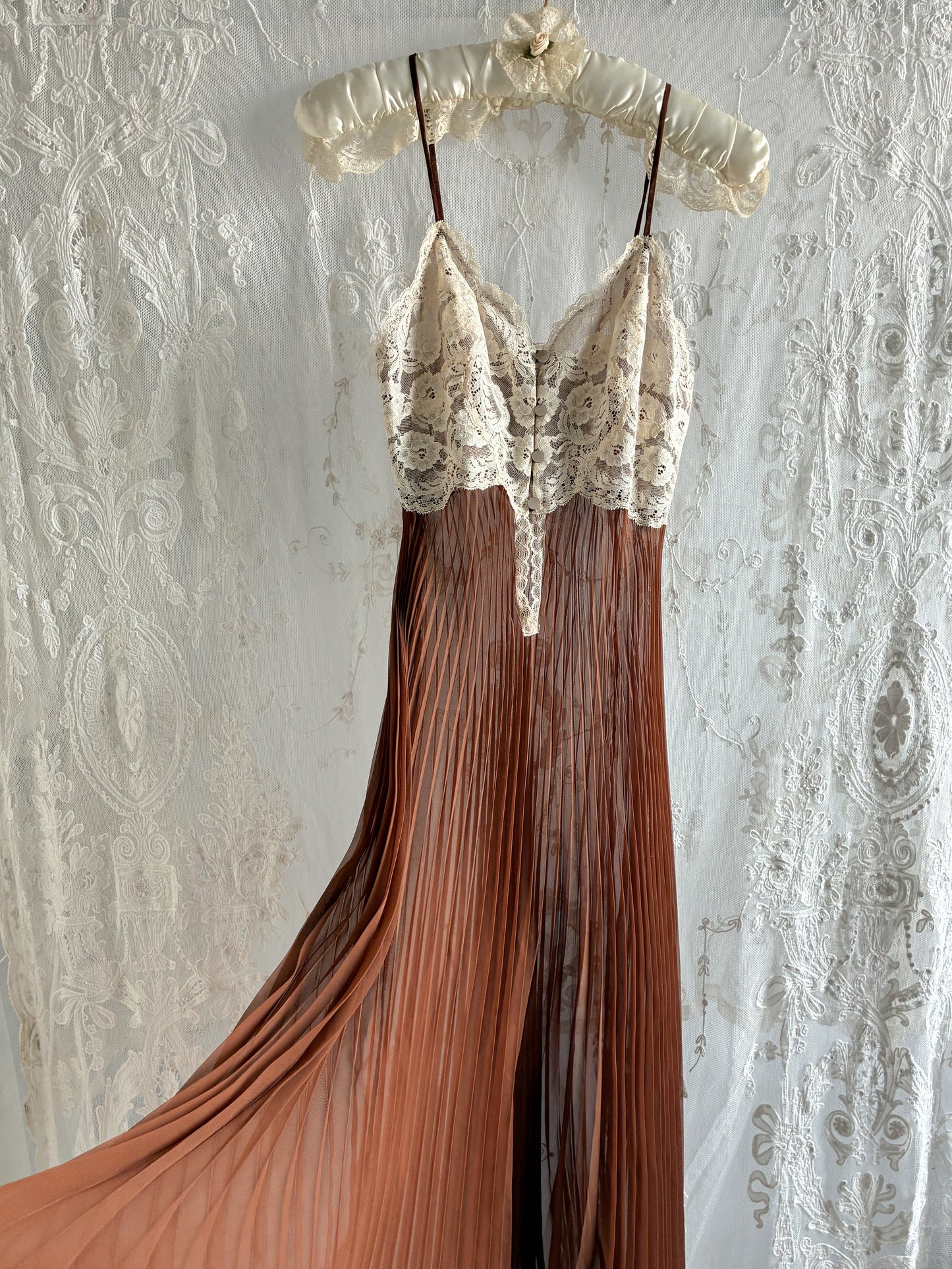 1970s Chocolate Pleated Nightdress with Cream Lace