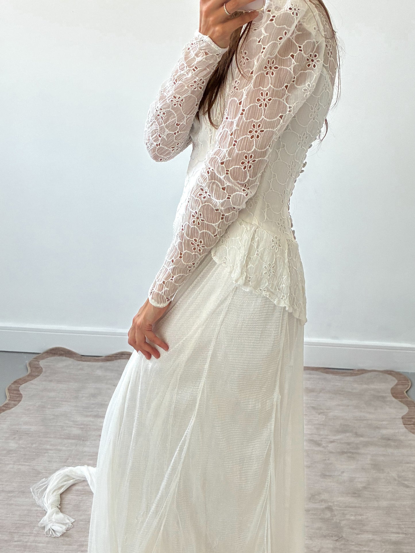 1940s Organdy Broderie and Net Wedding Dress with Train XS S