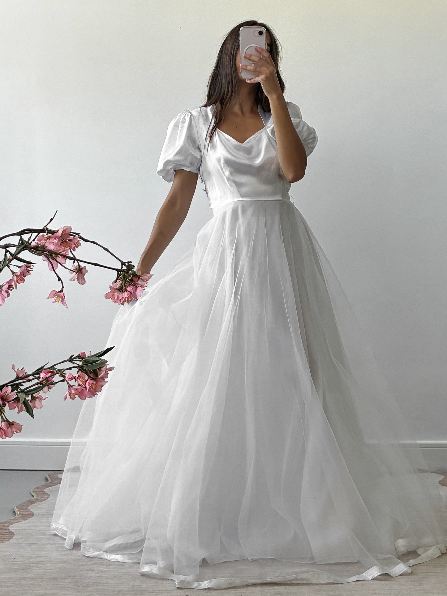 1983 Satin Puff Sleeve Gown With Chiffon Skirt And Scarf