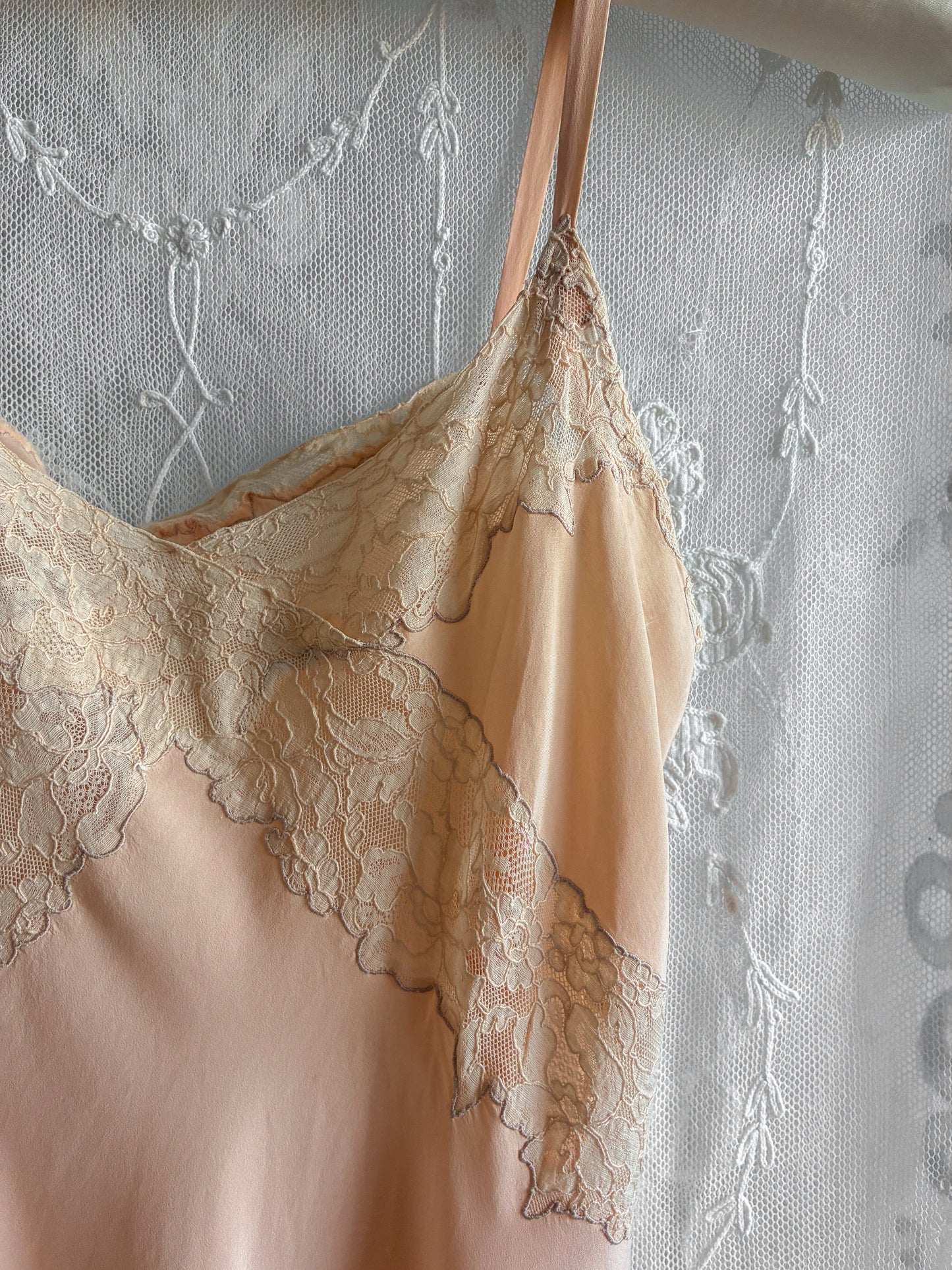 1930s Dusty Orange Midi Silk Slip With Beige Lace