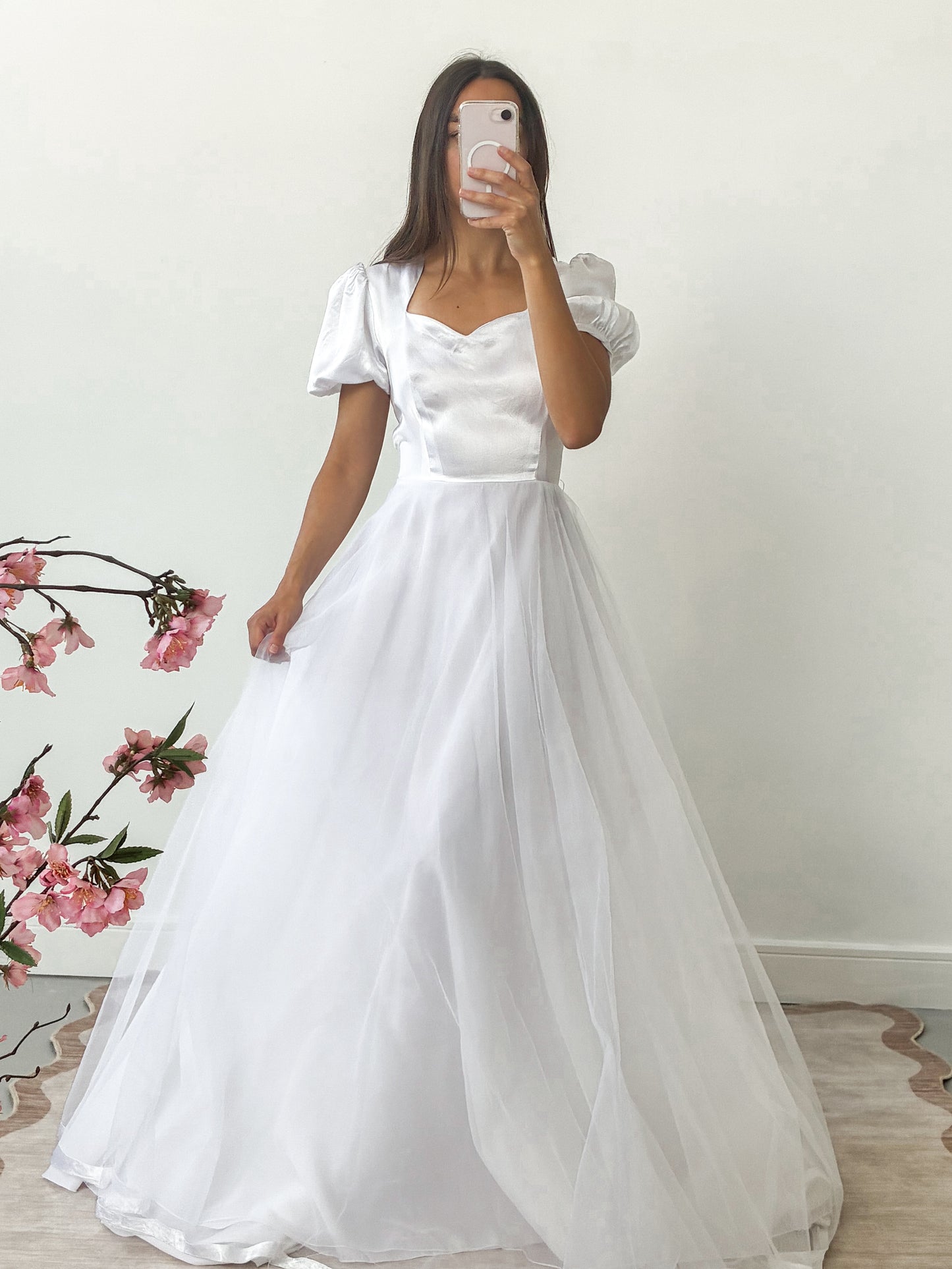 1983 Satin Puff Sleeve Gown With Chiffon Skirt And Scarf M