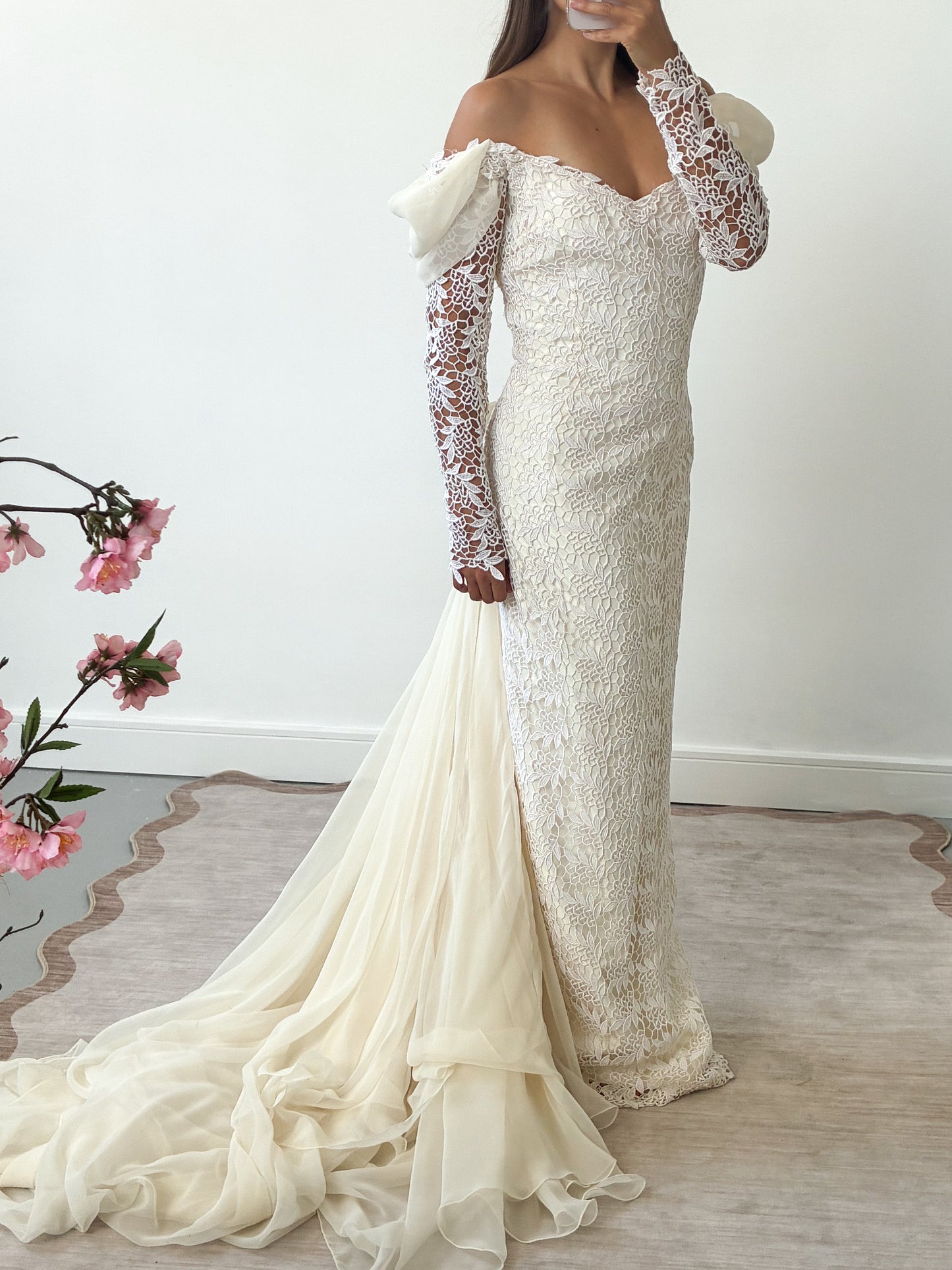 1980s Lace And Chiffon Column Dress With Detachable Cathedral Train S M
