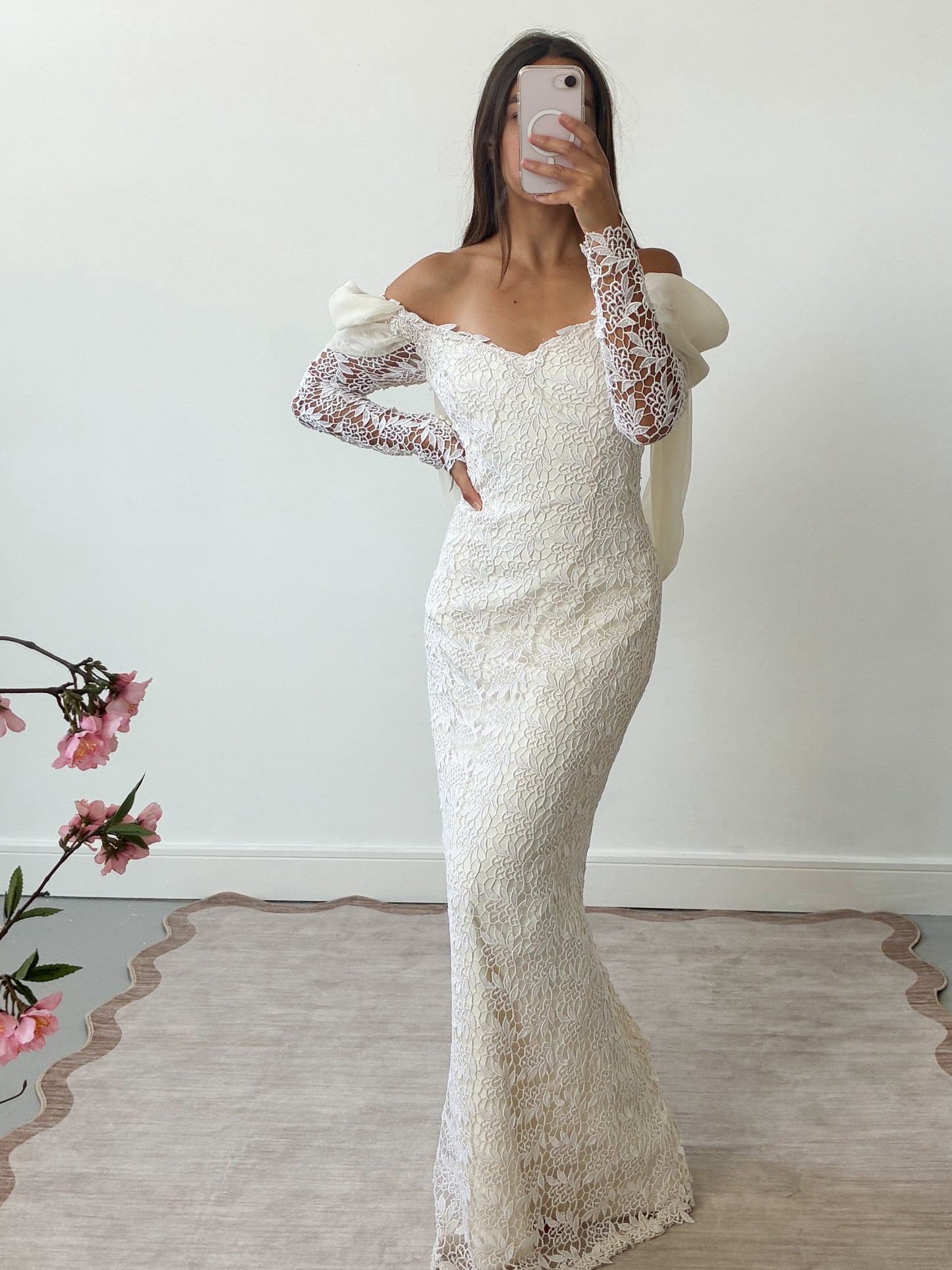 1980s Lace And Chiffon Column Dress With Detachable Cathedral Train S M