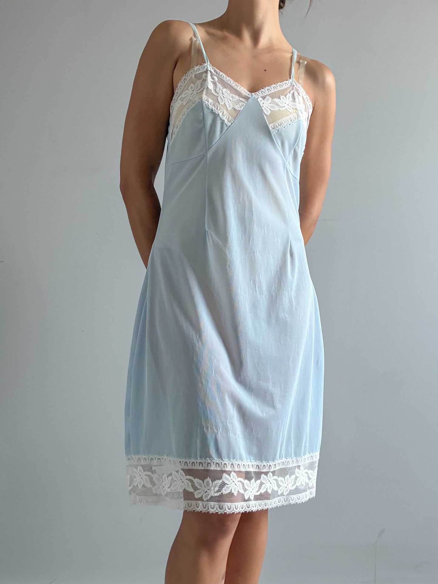 1940s Powder Blue Midi Slip With White Lace