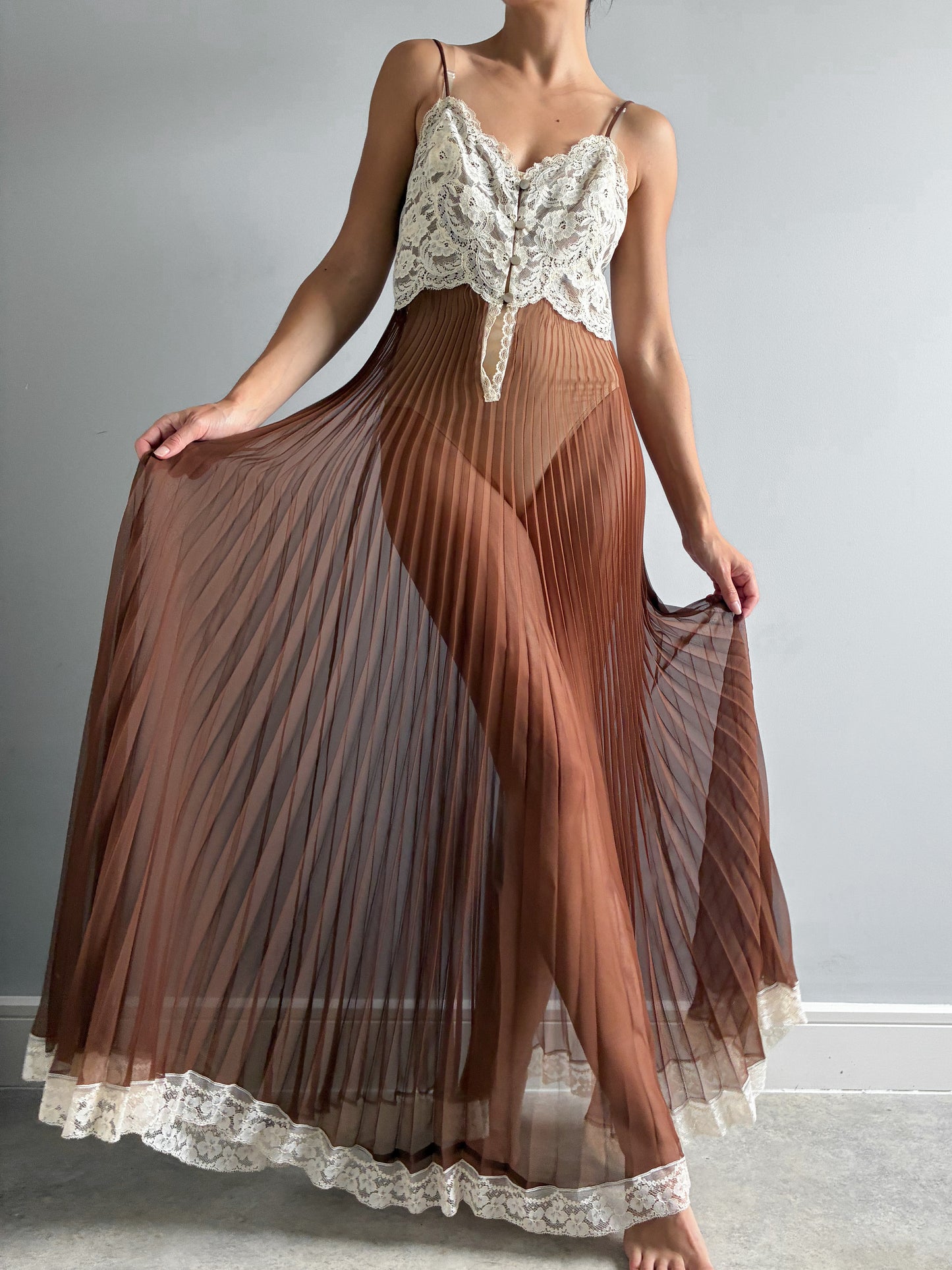 1970s Chocolate Pleated Nightdress with Cream Lace
