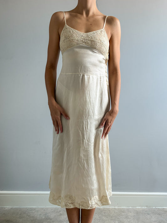Antique Silk Cream Slip With Lace Trim And Spaghetti Straps