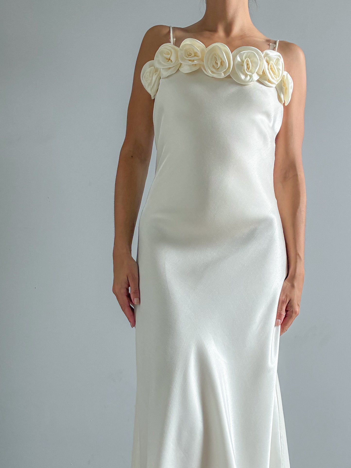 1990s Minimalist Satin Wedding Dress With Rose Detail