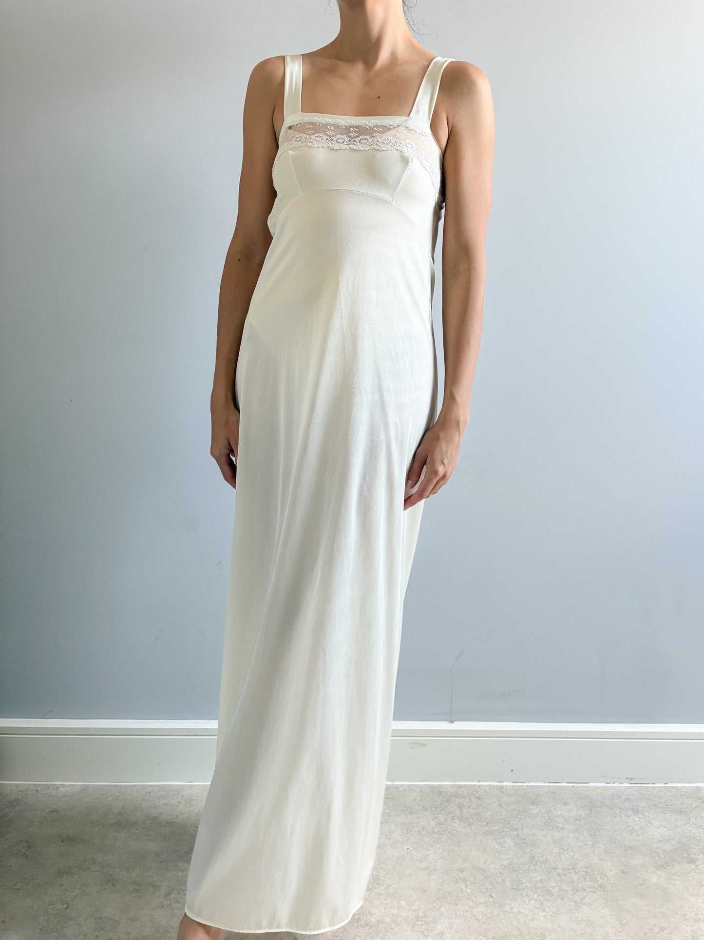 1970s Cream Maxi Slip With Square Neck And Lace Trim