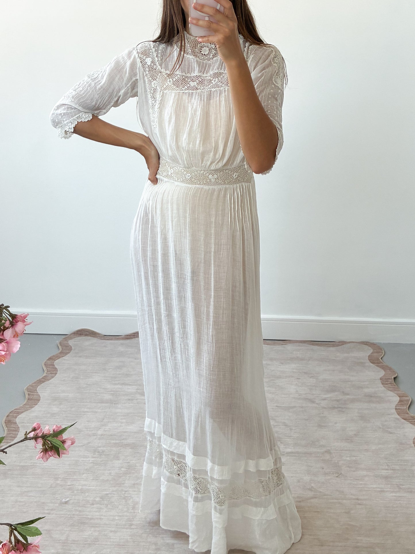 Antique Edwardian Cotton Lawn Wedding Dress With Hand-Crochet Panels XS S