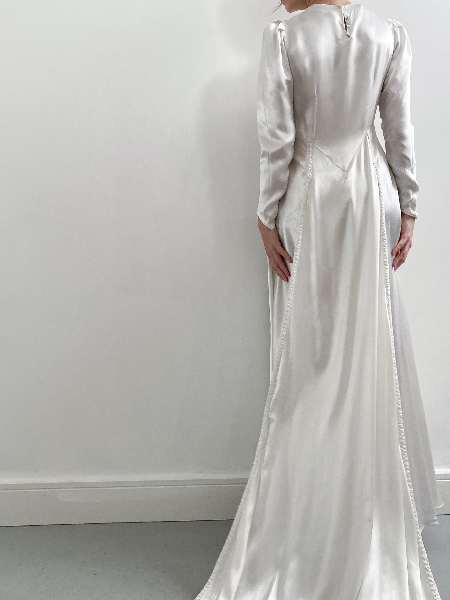 1940s Satin Charmeuse Wedding Dress with Pleated Detail and Train