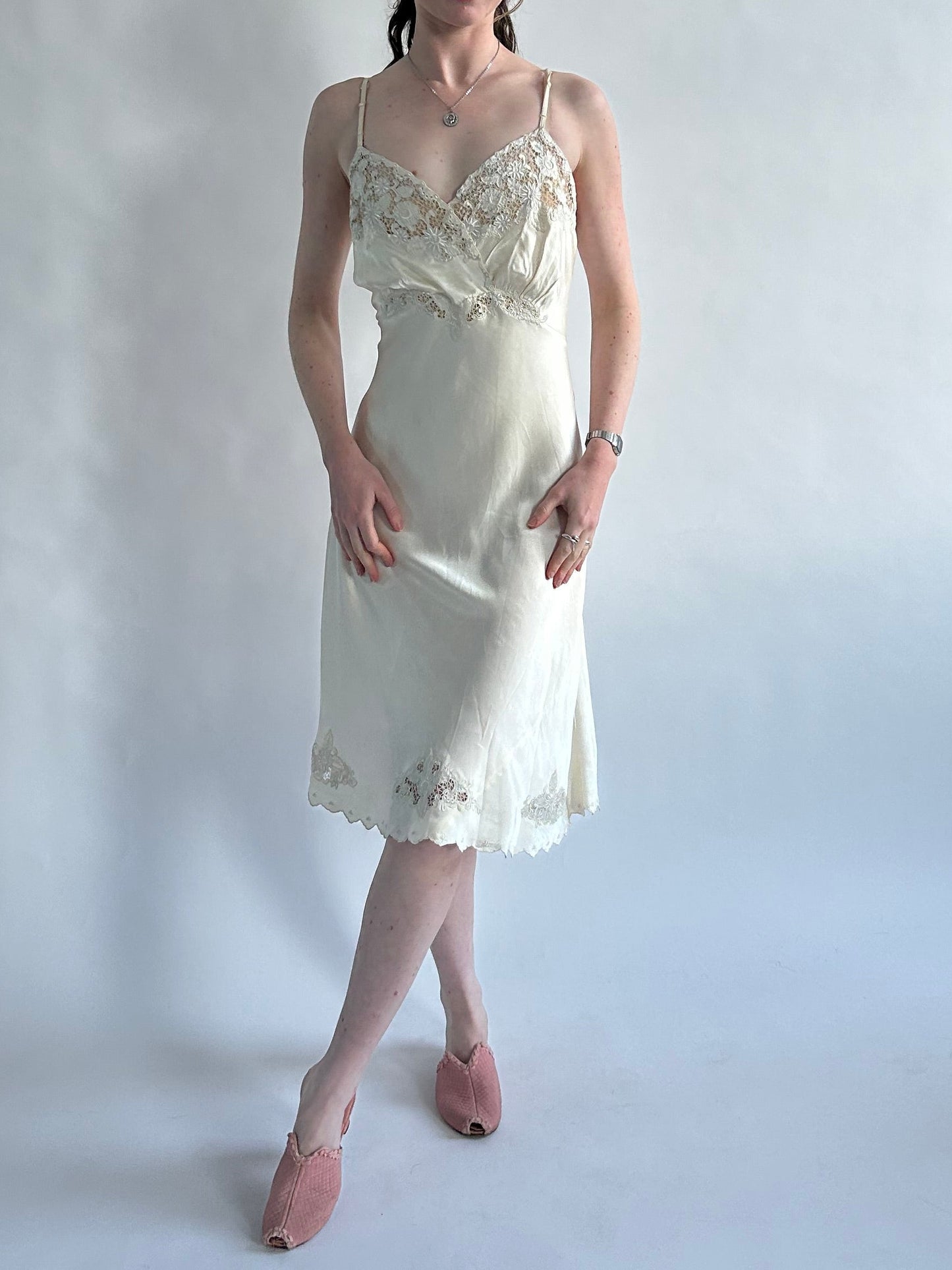 1930s Vanilla Silk Slip With Floral Embroidery