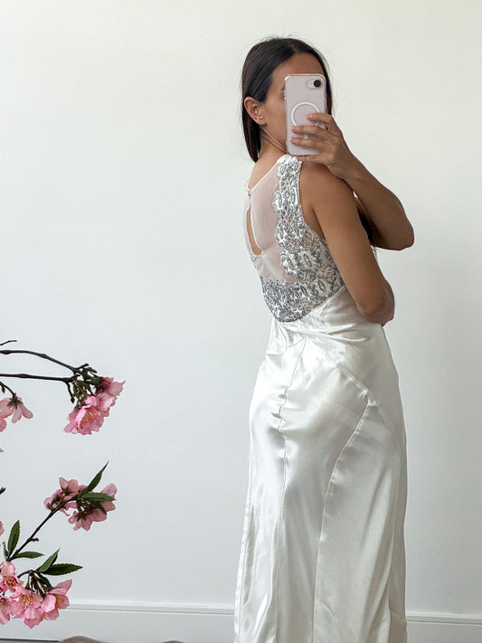 1930s Silk Gown With Beaded Star Neckline And Train M