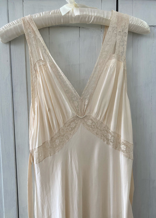 1930s Slip Gown In Pearl With Floral Lace Trims