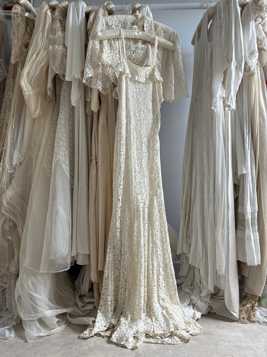 1930s Ivory Lace Ruffled Wedding Dress with Bolero