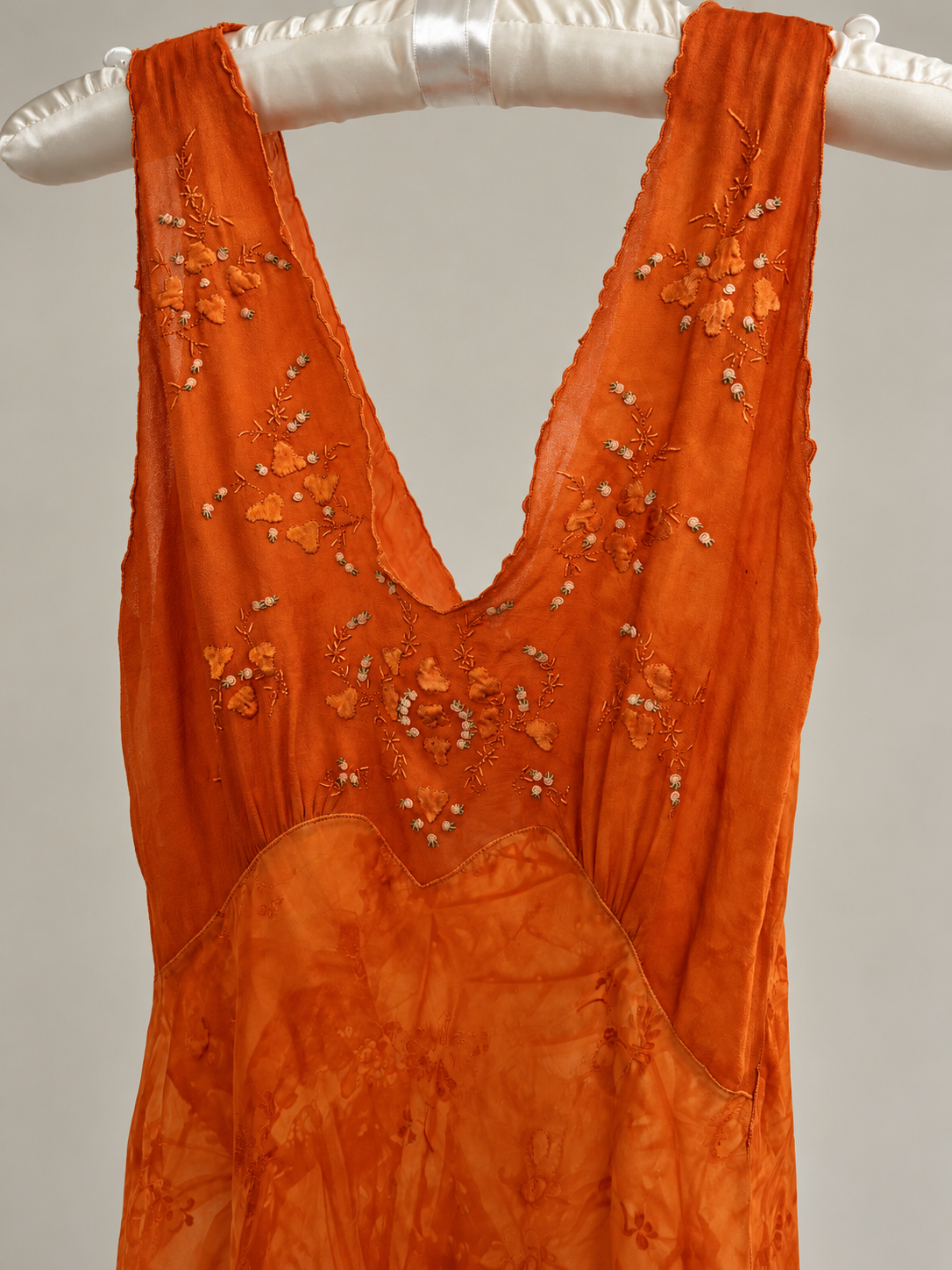 1930s Embroidered Silk & Chiffon Nightgown In Burnt Orange XS S