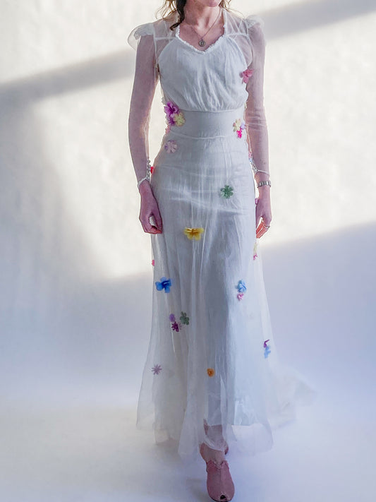 1930s Net Wedding Dress With Flowers and Cathedral Train