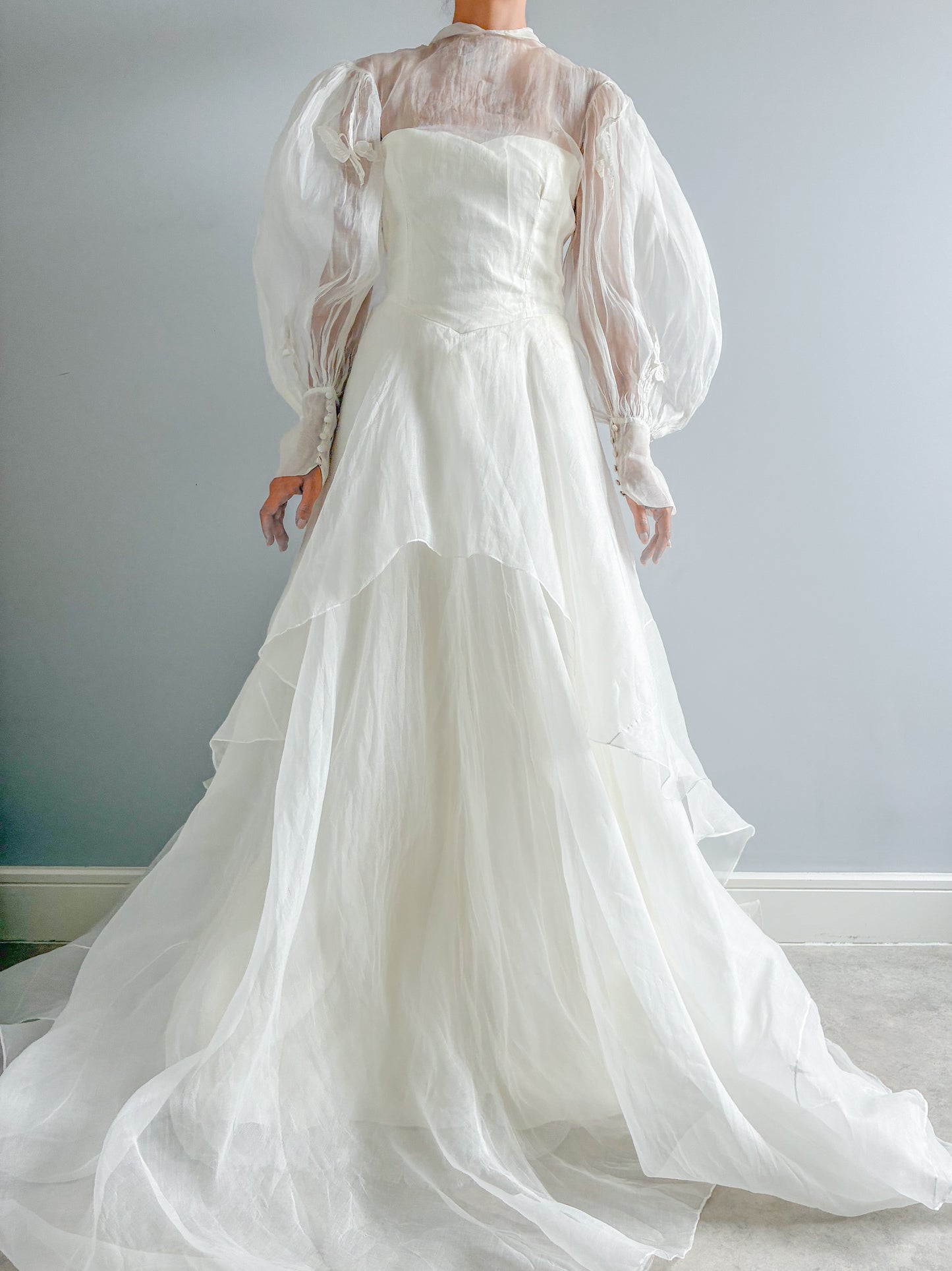 1940s Tiered Organza Wedding Gown With Puff Sleeves And Butterfly Detail