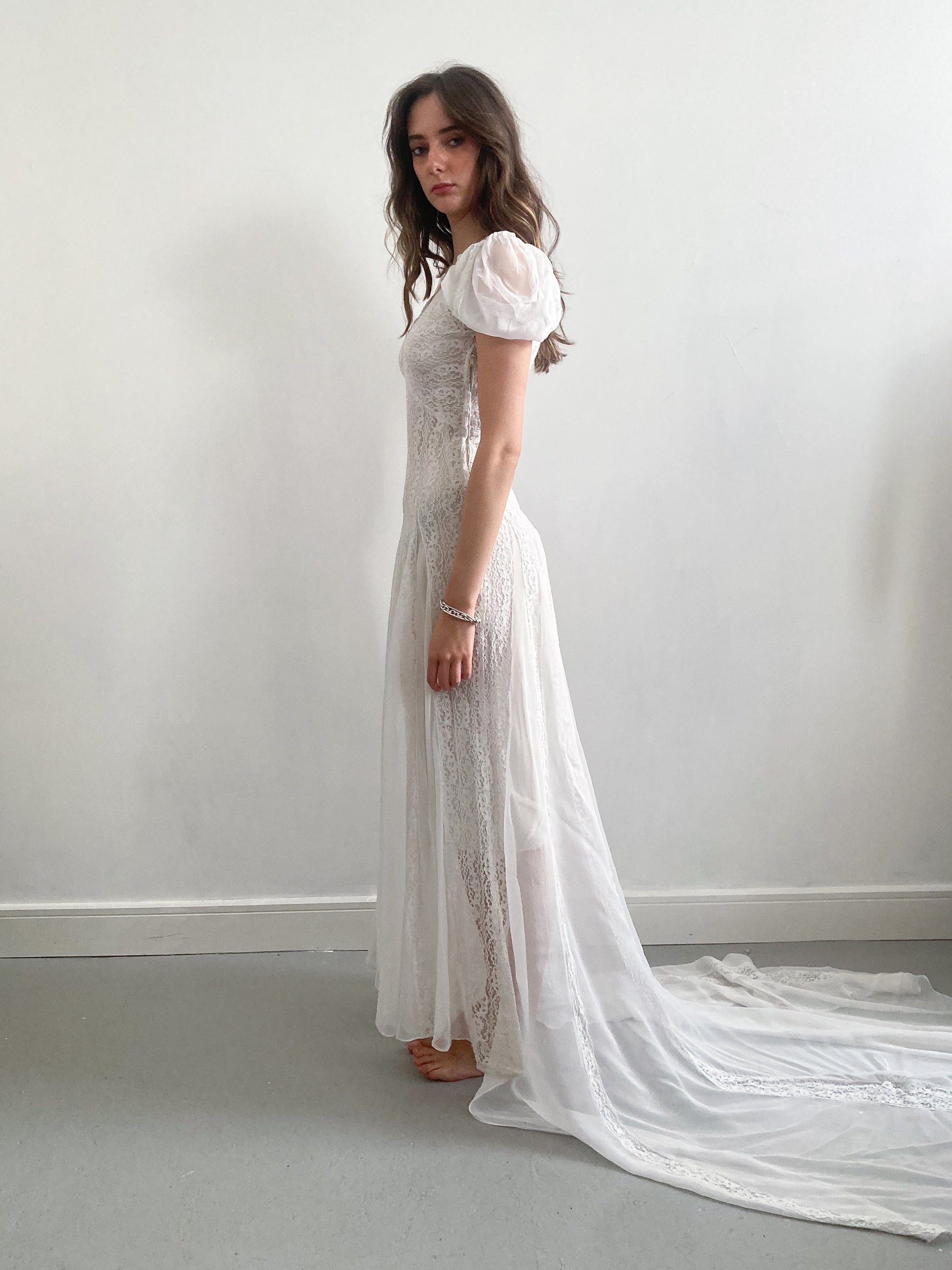 1930s Lace and Puff Sleeve Wedding Dress with Cathedral Train - S 1930s Lace and Puff Sleeve Wedding Dress with Cathedral Train - S