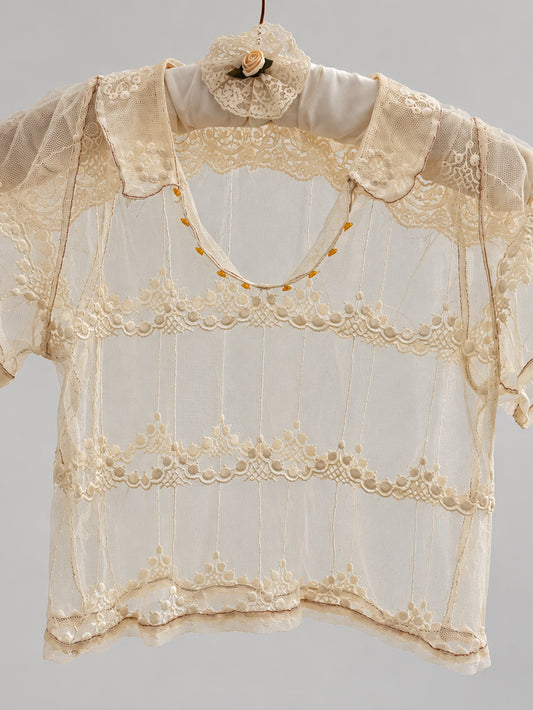 Antique French Embroidered Net Blouse In Cream S