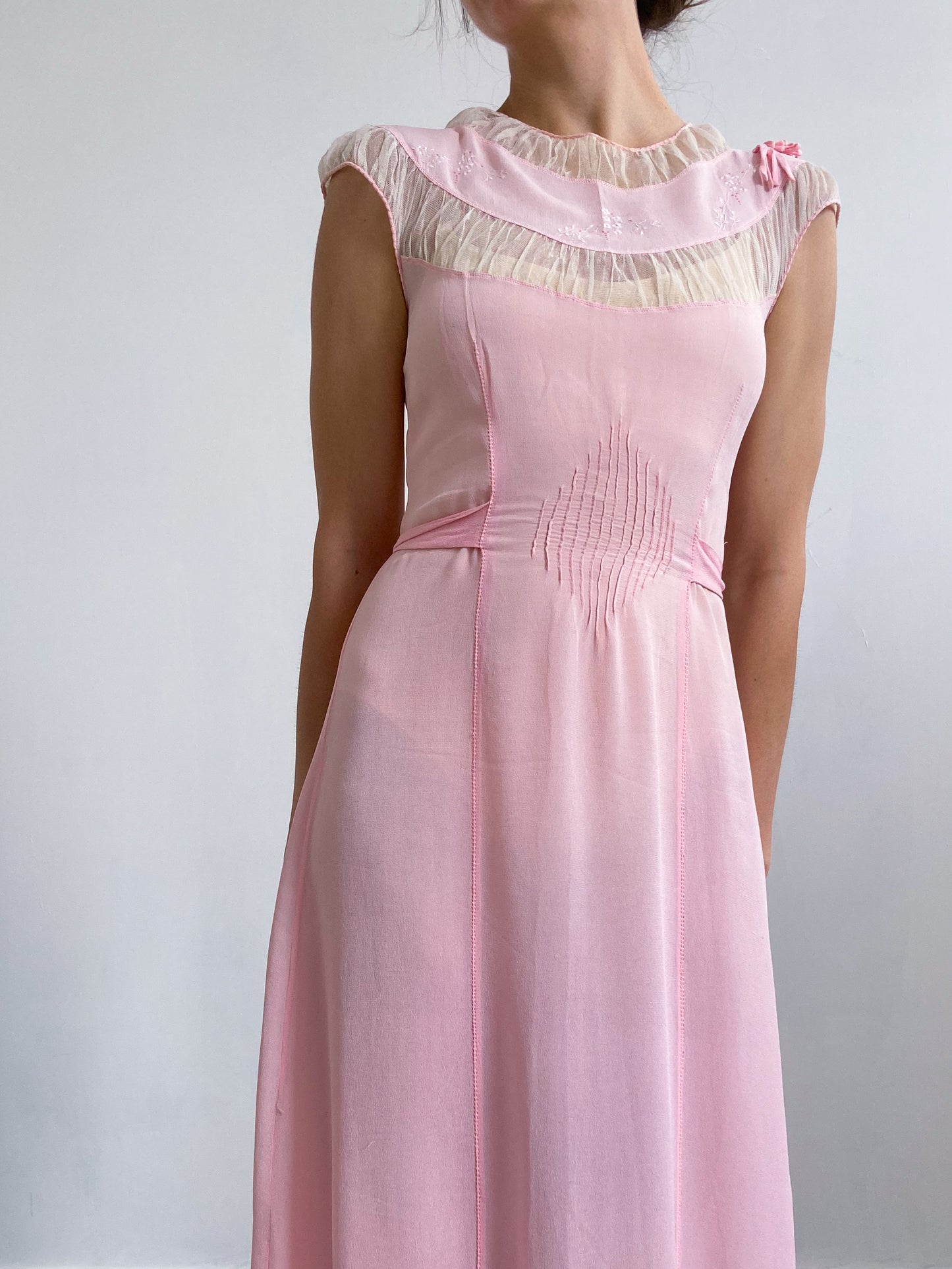 1930s Pink Crepe Slip With Mesh & Floral Embroidery