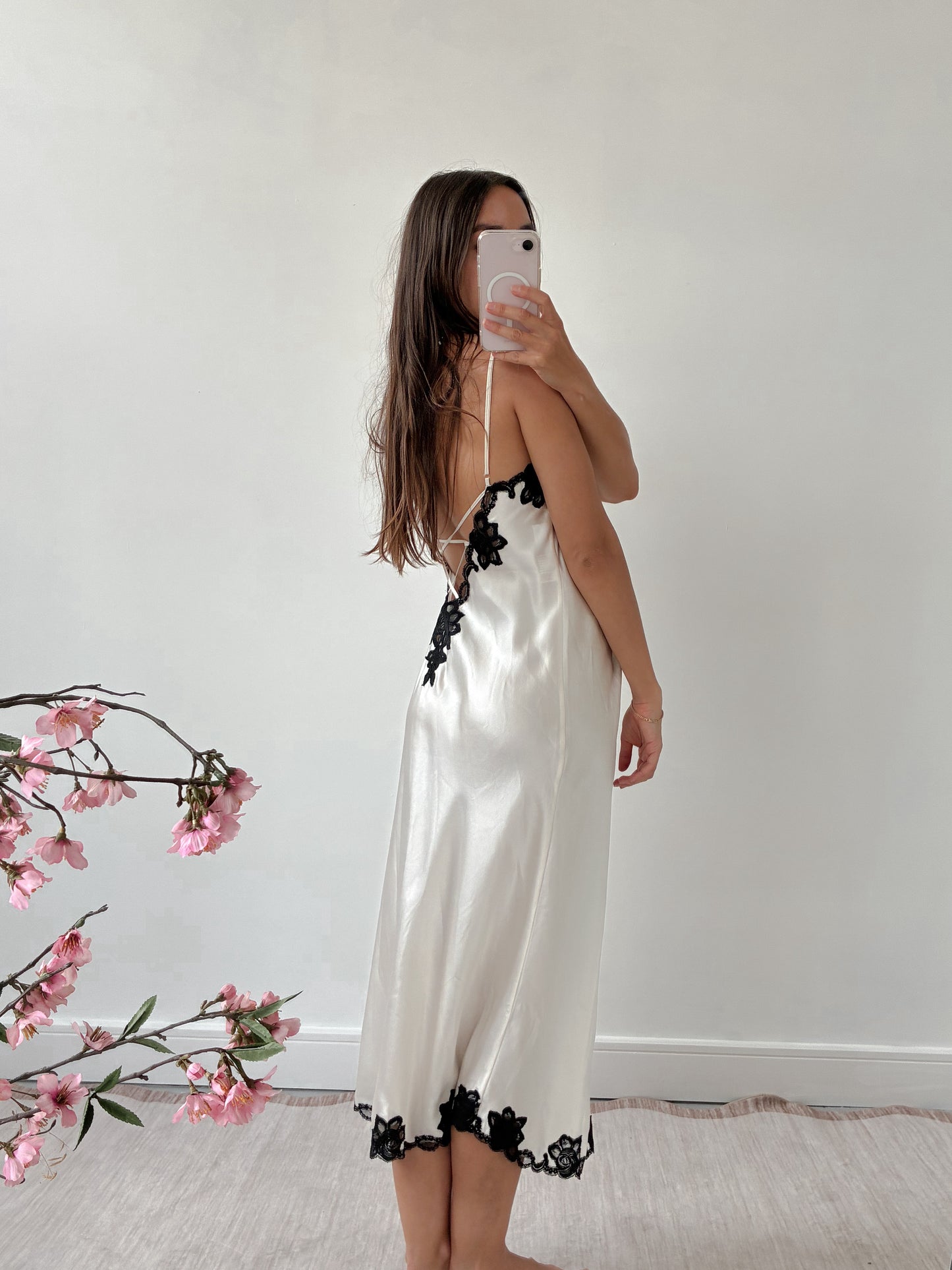 1990s Silk Slip Gown With Cross Back And Black Lace
