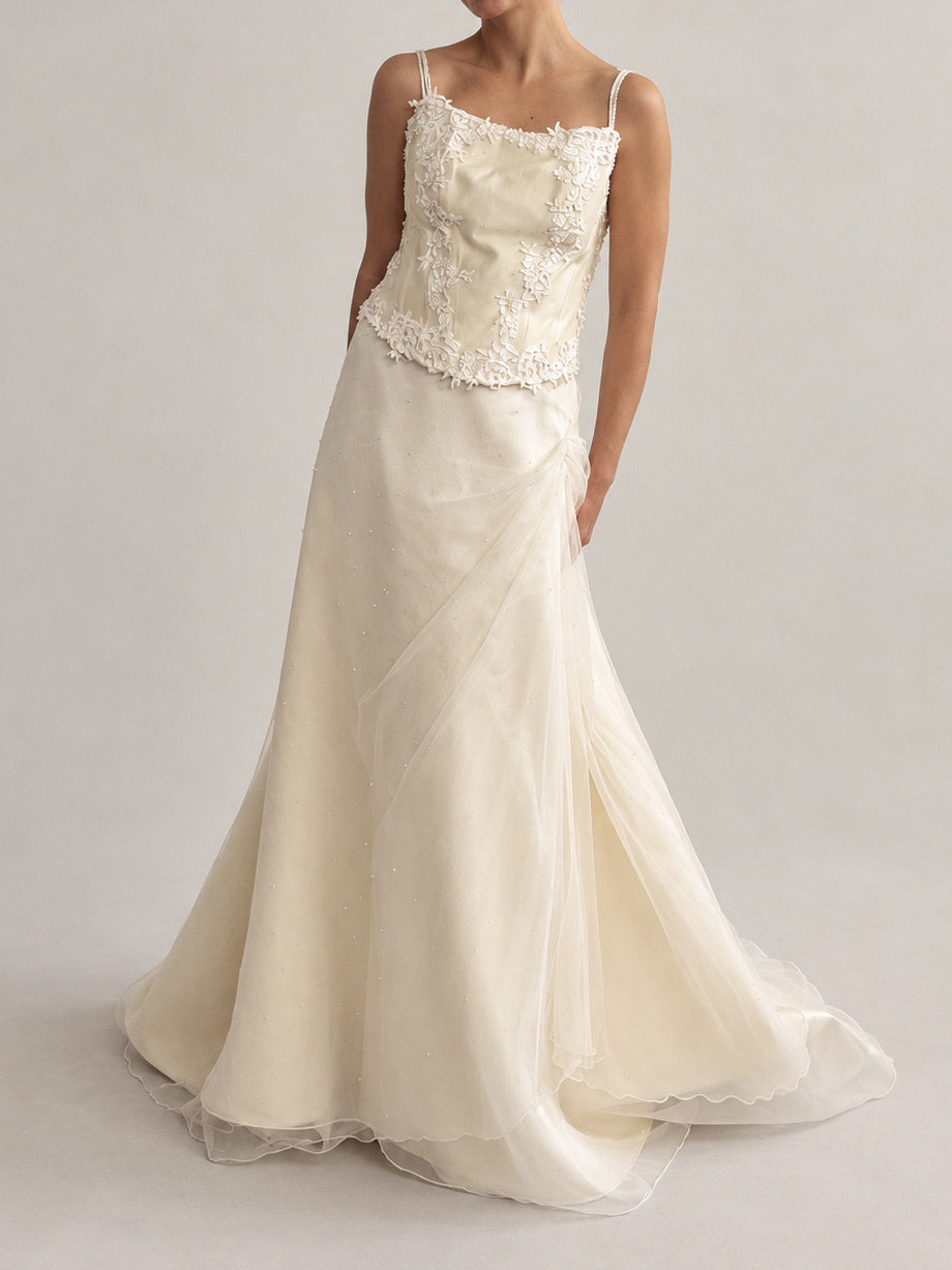 1990s Italian Embellished Silk & Tulle Bridal Two Piece M