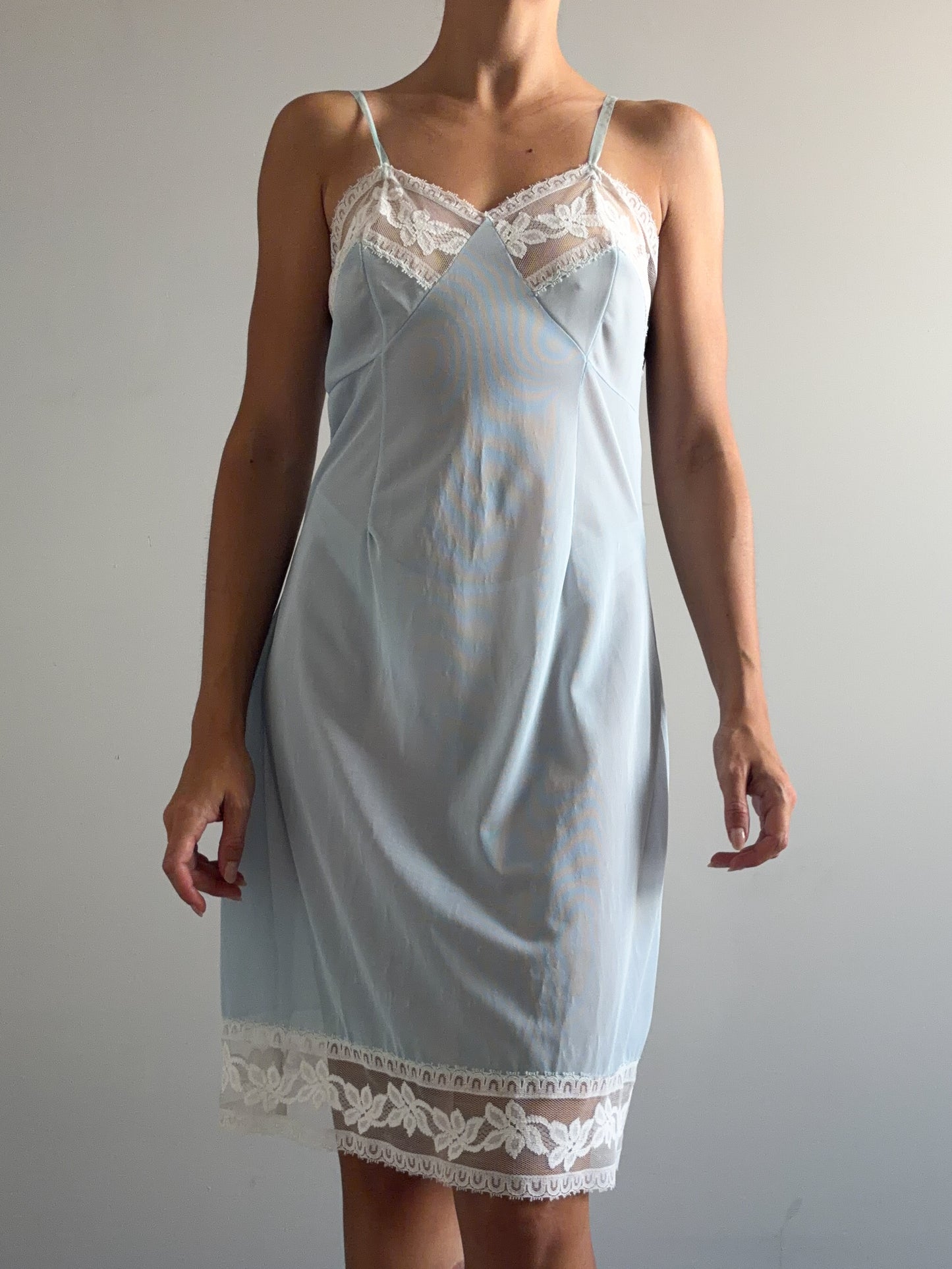 1940s Powder Blue Midi Slip With White Lace