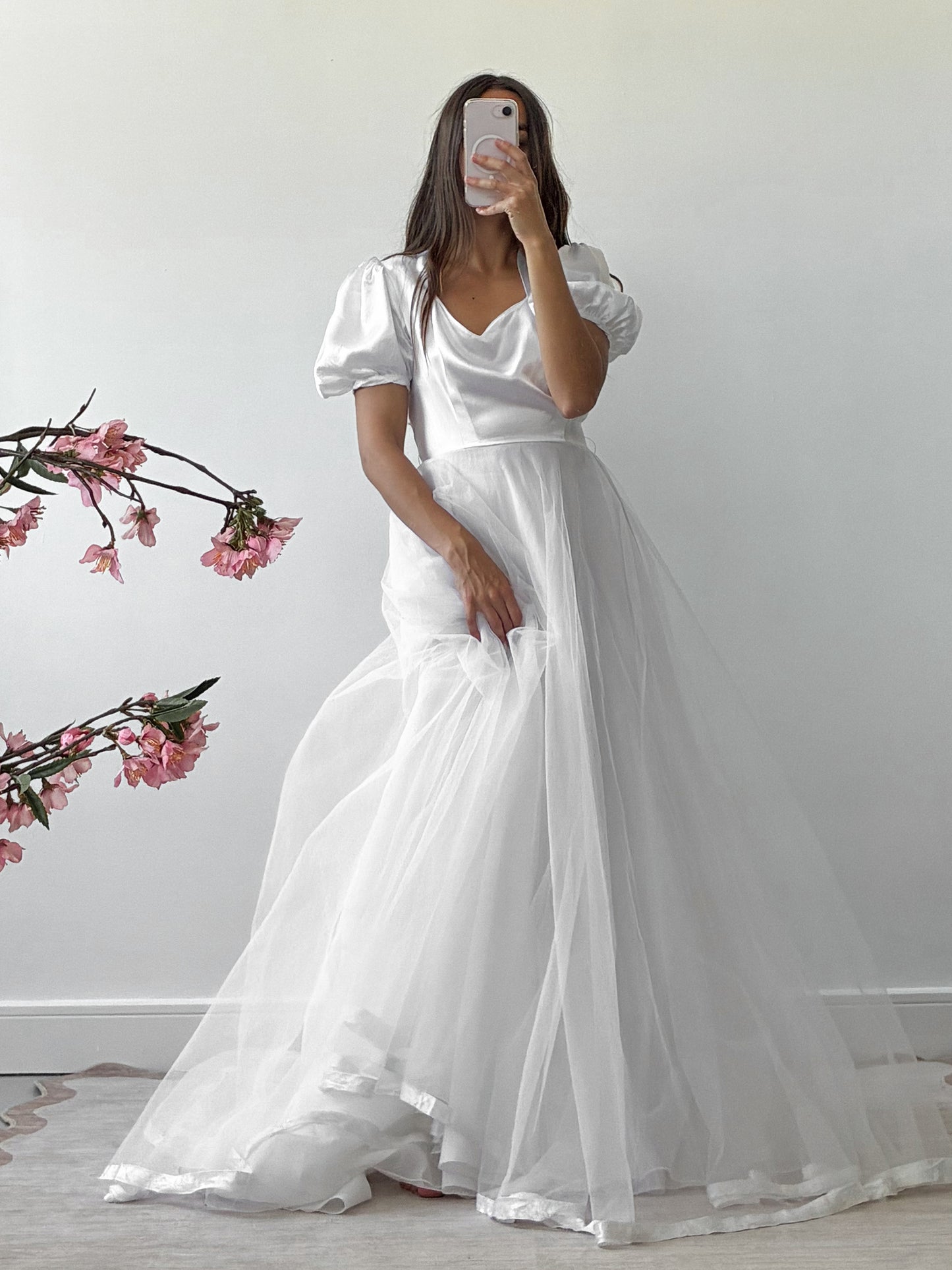 1983 Satin Puff Sleeve Gown With Chiffon Skirt And Scarf