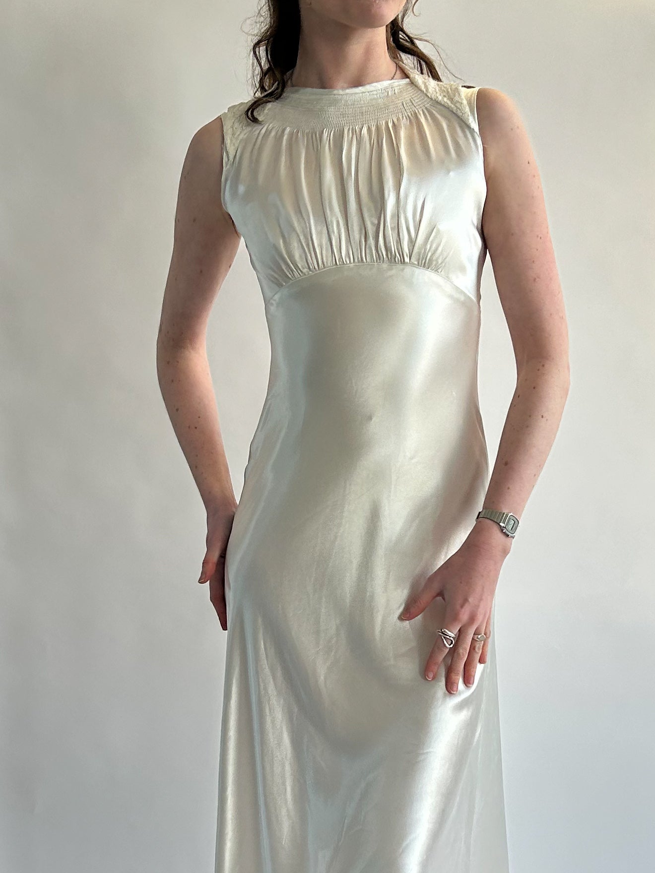 1930s Ivory Satin Sleeveless Wedding Dress with Gathered Neck & Train