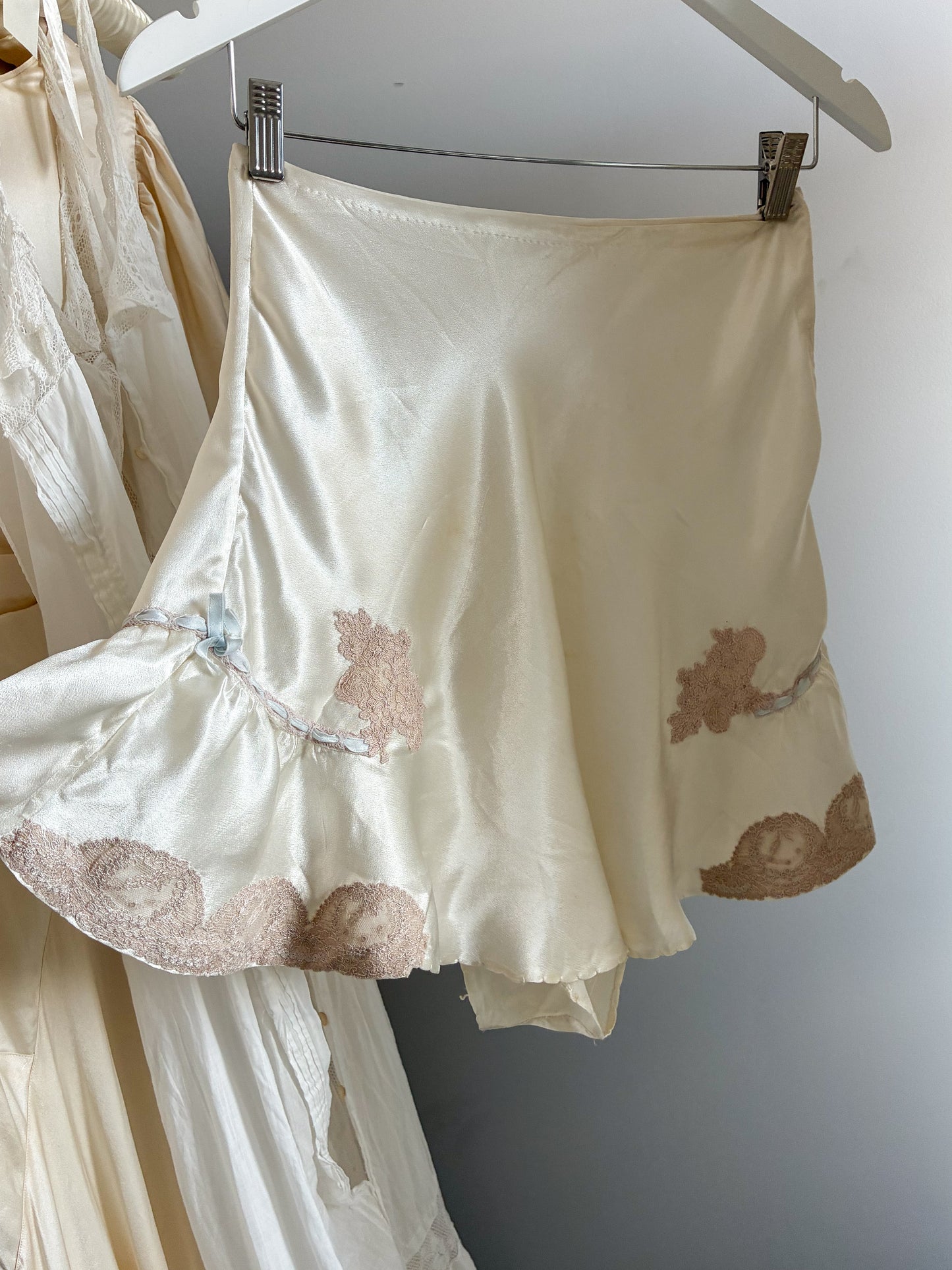 1930s Satin Tap Pants With Lace Trim & Blue Ribbon