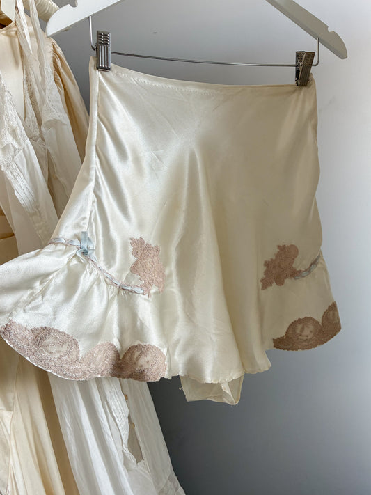 1930s Satin Tap Pants With Lace Trim & Blue Ribbon