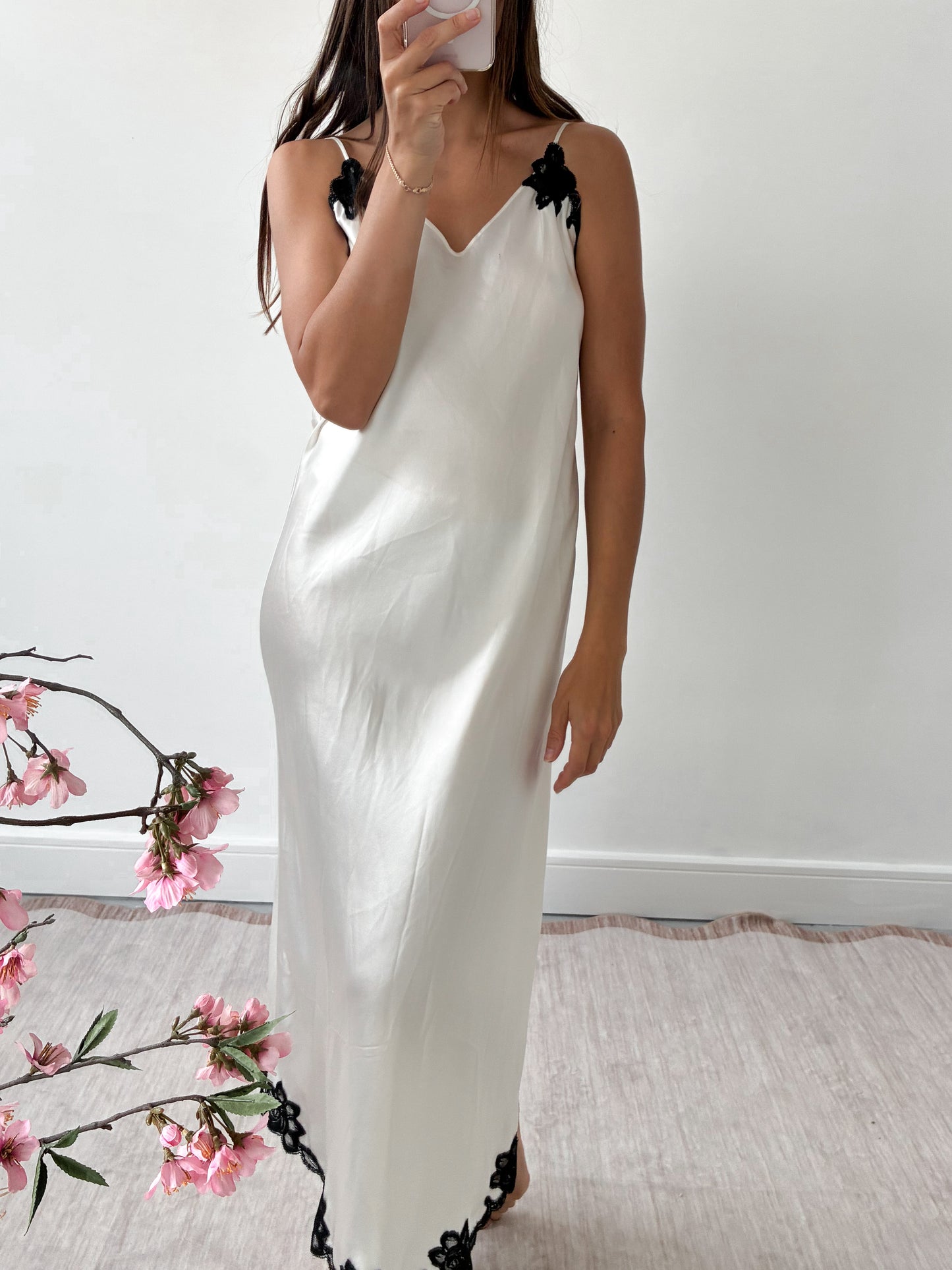 1990s Silk Slip Gown With Cross Back And Black Lace
