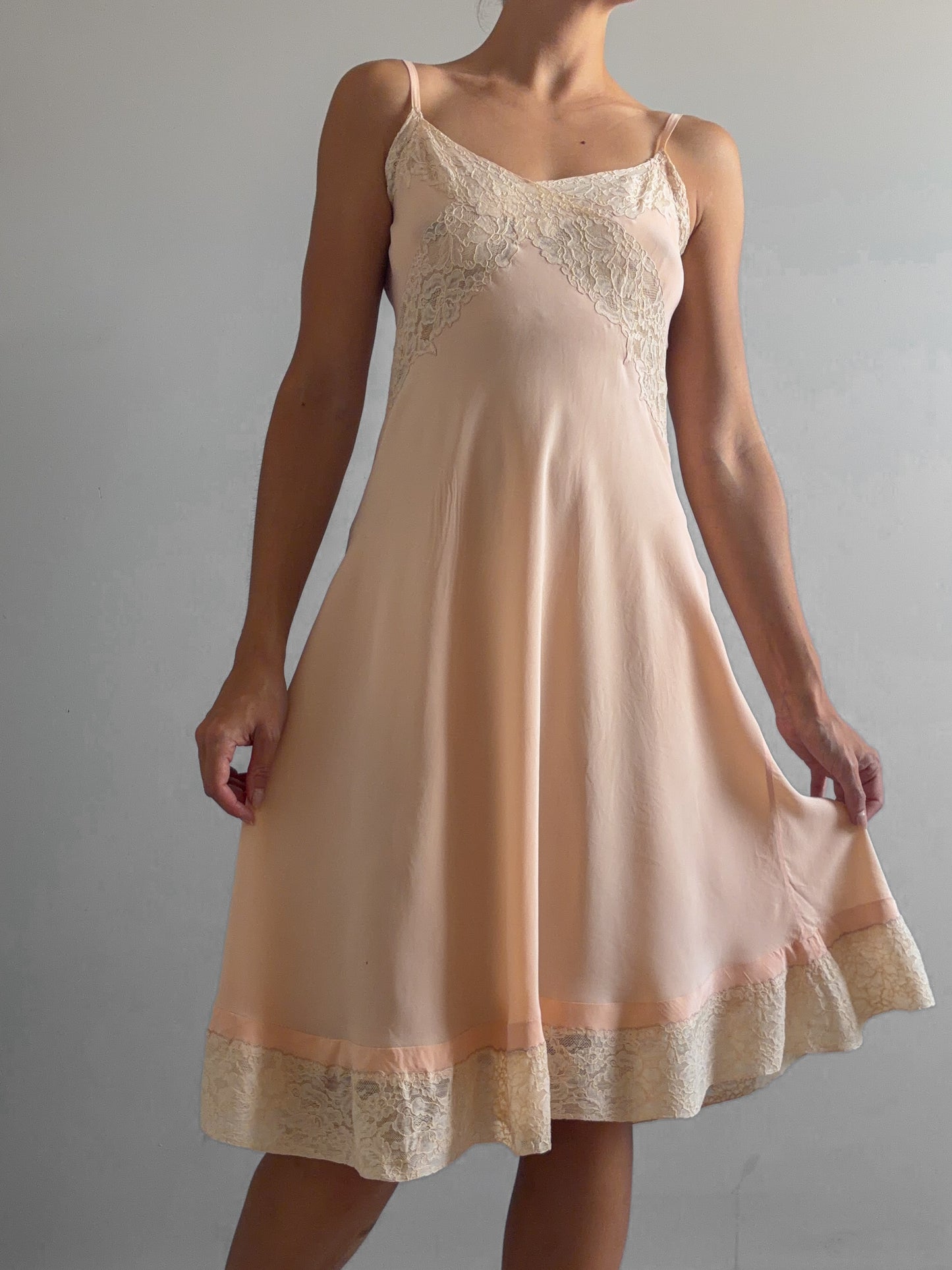 1930s Dusty Orange Midi Silk Slip With Beige Lace