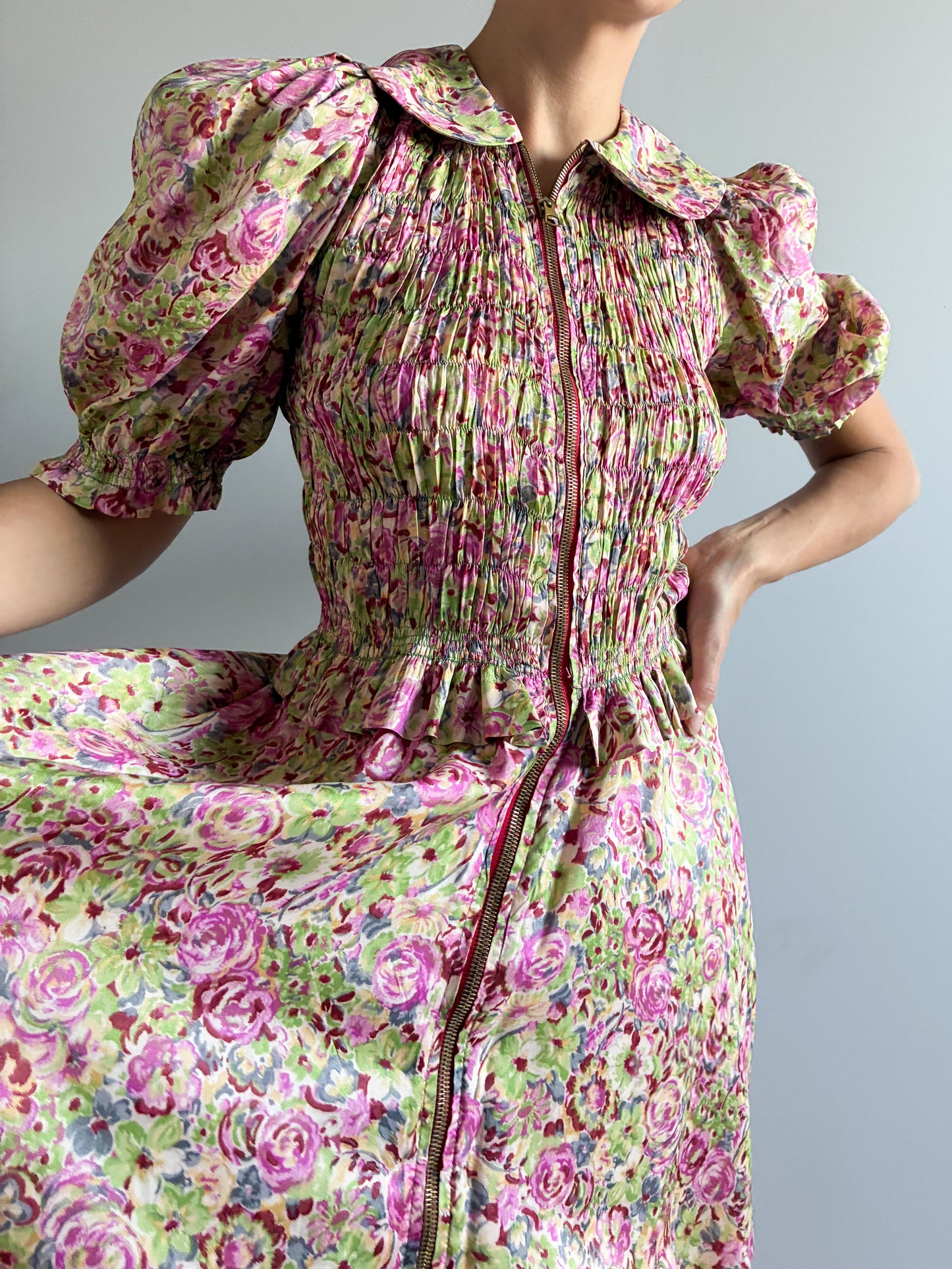 1930s Asymmetrical Floral Puff Sleeve Robe