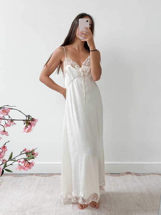 1970s Pure Silk Floral Slip With Beige Lace M L