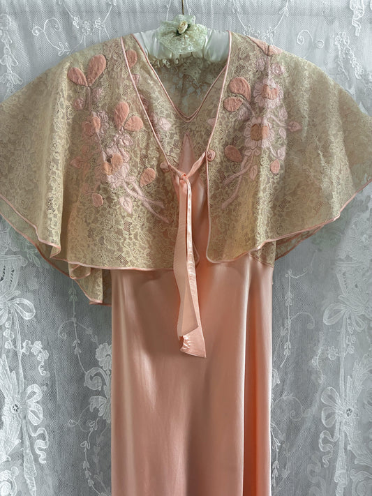 1930s Pink Silk Slip With Detailed Embroidery And Matching Jacket