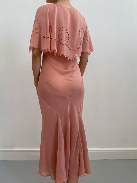 1930s Coral Pink Silk Crepe Dress with Cape Detail