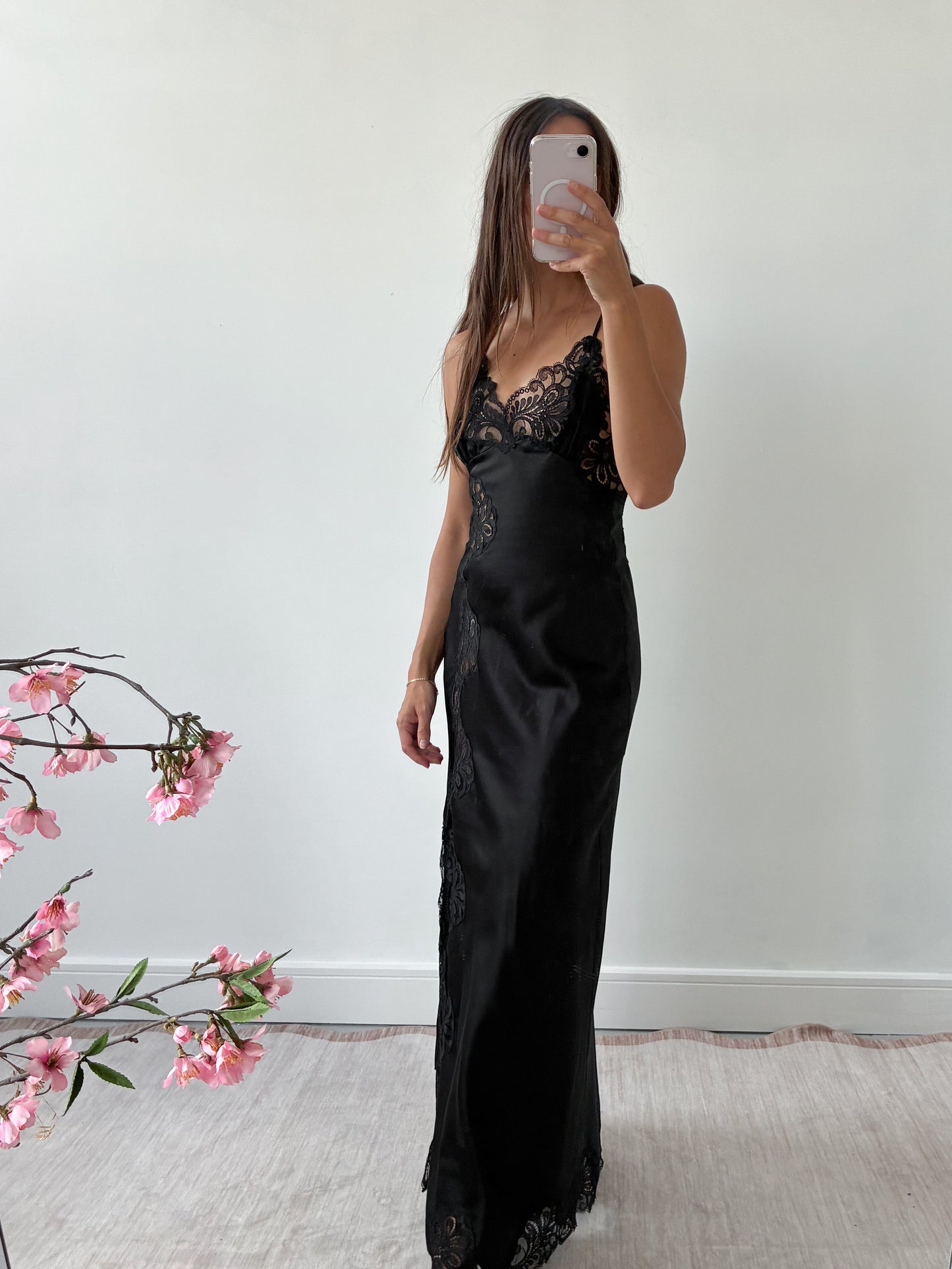 1970s Black Satin Slip With Lace And Side Opening S