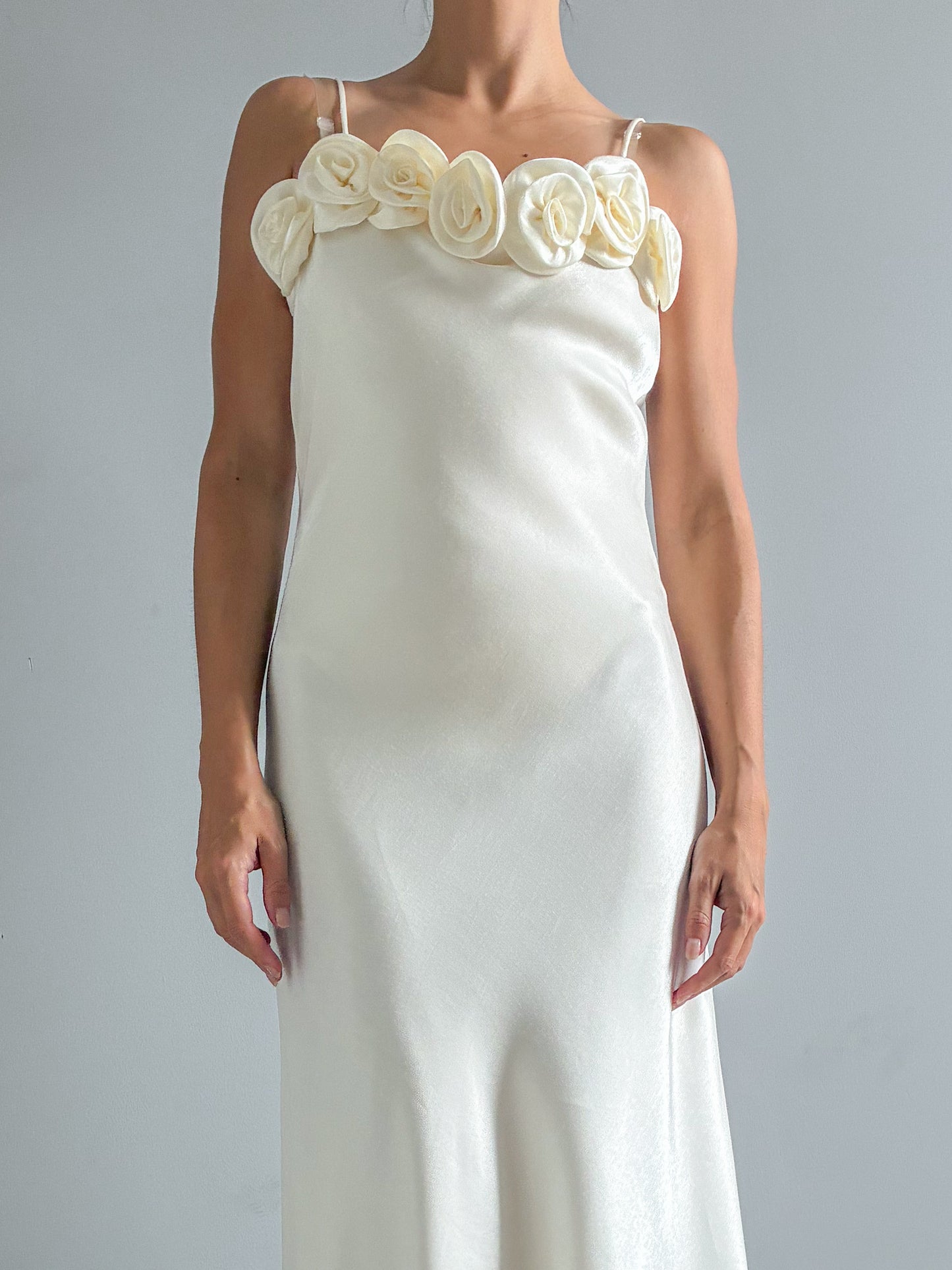 1990s Minimalist Satin Wedding Dress With Rose Detail