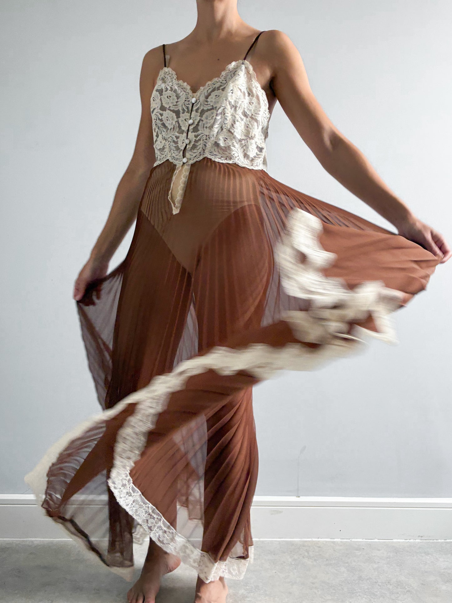1970s Chocolate Pleated Nightdress with Cream Lace