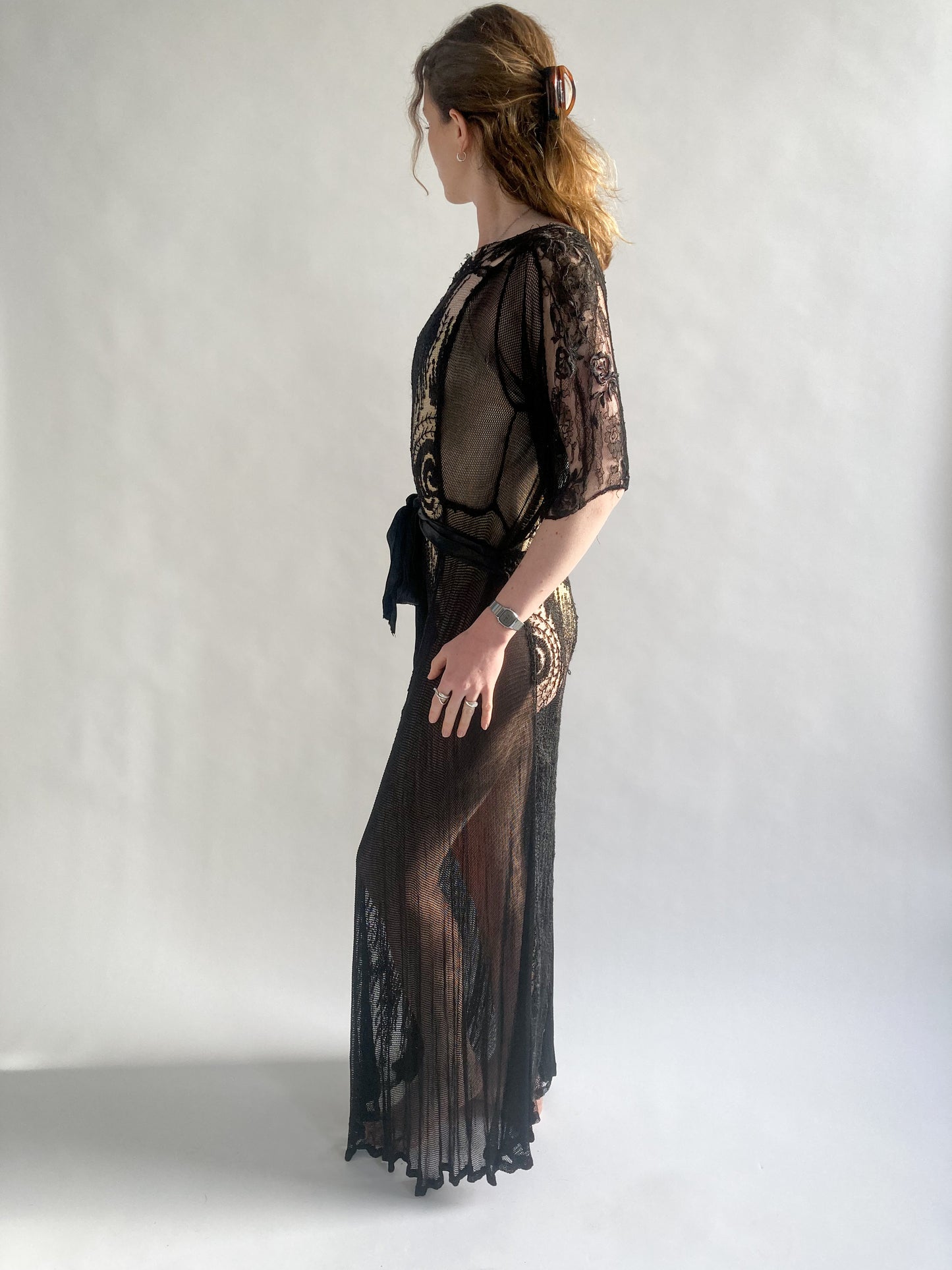 1920s Silk Cotton Black Crochet Dress